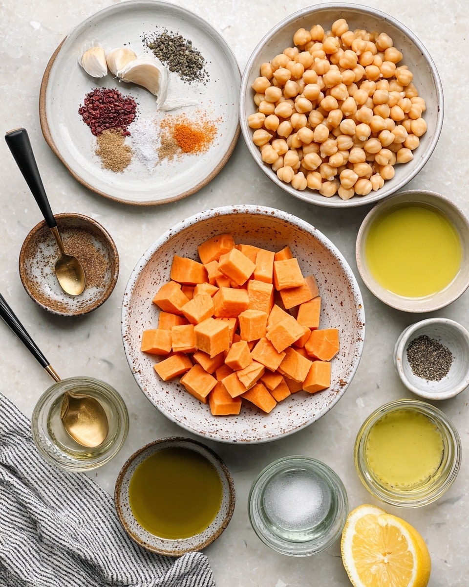 The image shows several small bowls and plates arranged on a white marbled surface. In the center, there is a white speckled bowl filled with evenly cut orange cubes of sweet potato. Above it, a white bowl holds light yellow chickpeas. To the left, a white plate has small piles of brown, red, and white spices with a black and gold spoon resting on it. A small brown dish at the top center contains two garlic cloves with their skins. Around the bowls are small dishes filled with green olive oil, light brown tahini sauce, pale yellow lemon juice, ground black pepper and salt, and a clear liquid, possibly vinegar or water. At the bottom right, a halved lemon rests on the surface. A striped kitchen towel is partly visible in the lower left corner. photo taken with an iphone --ar 4:5 --v 7