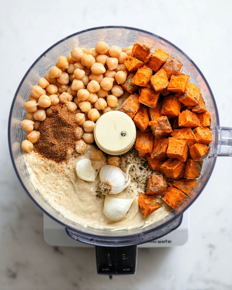 In the clear food processor bowl, there are four main layers: on the left side, light beige chickpeas with a dusting of brown spices and white salt; in the center, creamy tan tahini sauce spreading slightly; on the right, small orange roasted sweet potato cubes with black pepper specks, topped with two whole garlic cloves slightly yellowish white; the kitchen appliance sits on a white marbled surface. Photo taken with an iphone --ar 4:5 --v 7