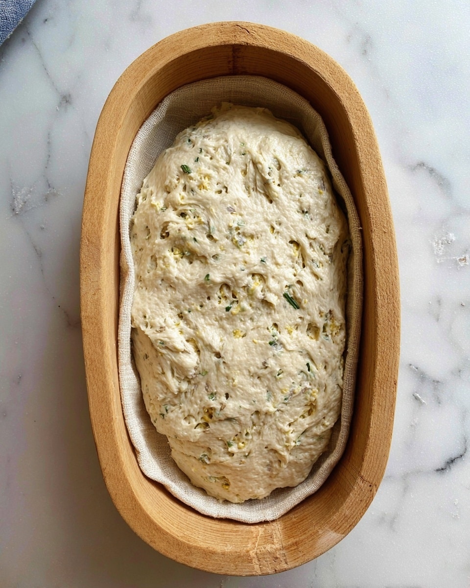 The image shows a single layer of pale dough mixed with visible bits of herbs and small pieces of cheese. The dough has a rough, uneven texture with bubbles and holes throughout, filling an oval-shaped wooden basket. The basket sits on a white marbled surface, with a round cloth lined basket lid just out of fully visible frame. Photo taken with an iphone --ar 4:5 --v 7