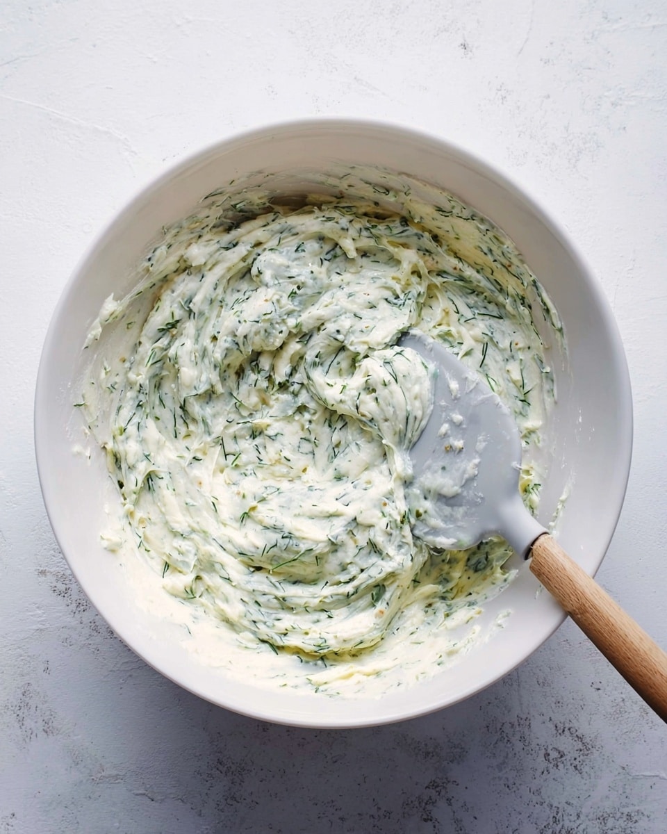 A white bowl holds a thick mixture of pale cream with many small green herb pieces spread and swirled throughout. The texture looks creamy with visible bits of finely chopped herbs like dill mixed evenly. A light gray spatula sits inside the bowl, partially covered with the mixture, and is positioned toward the right side. The background shows a white marbled texture surface. photo taken with an iphone --ar 4:5 --v 7