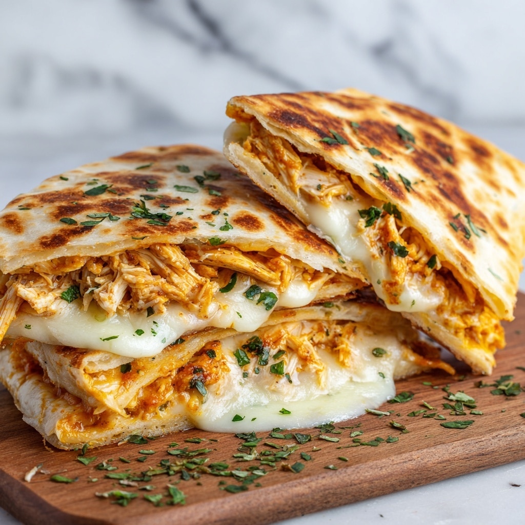 The image shows a close-up of a stuffed bread cut in half with one half in front. It has three main layers: the top golden-brown baked crust with small toasted spots and sprinkled green onion pieces, the middle layer of melted light yellow cheese stretching out, and the bottom layer filled with shredded cooked chicken mixed with a rich orange sauce. The bread looks soft and fluffy inside with a slightly crispy crust. The food is placed on a light brown wooden surface with some green onions scattered around. Photo taken with an iphone --ar 4:5 --v 7