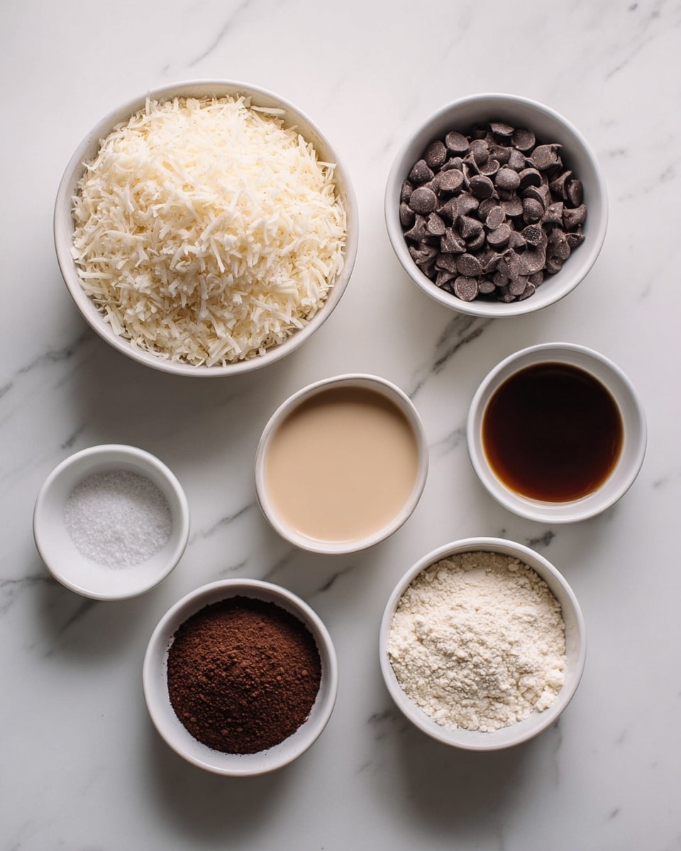 Seven white bowls are placed on a white marbled surface. The largest bowl contains shredded light beige coconut. Two medium bowls hold dark brown chocolate chips. One medium bowl in the center has a creamy beige liquid. A small bowl contains a dark brown liquid, while another small bowl holds a fine white powder. The last small bowl has a dark brown powder, likely cocoa. The bowls are arranged in a loose circle with the largest bowl near the top left and smallest bowls near the bottom right. photo taken with an iphone --ar 4:5 --v 7