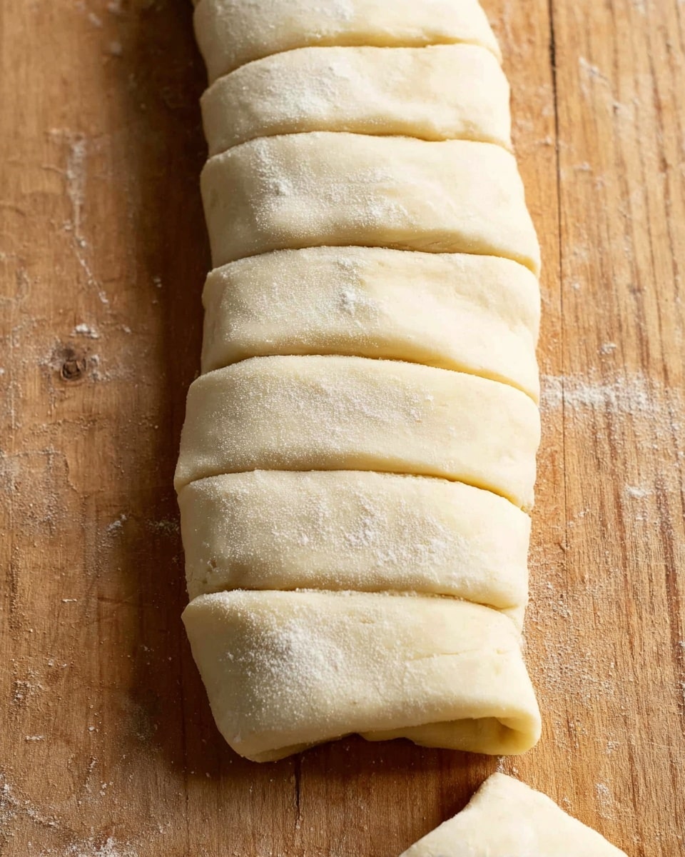 The image shows a strip of pale dough rolled and divided into six sections, each section having a soft and smooth texture with slight dusting of flour on top. The dough is placed on a wooden surface with a natural grain pattern and light scratches visible around it. The edges of the dough slices are even and clean, revealing the uniform thickness of the dough layer. The bottom right corner of the image shows a small part of the dough roll. The lighting is soft and natural, highlighting the dough's slightly matte surface. photo taken with an iphone --ar 4:5 --v 7