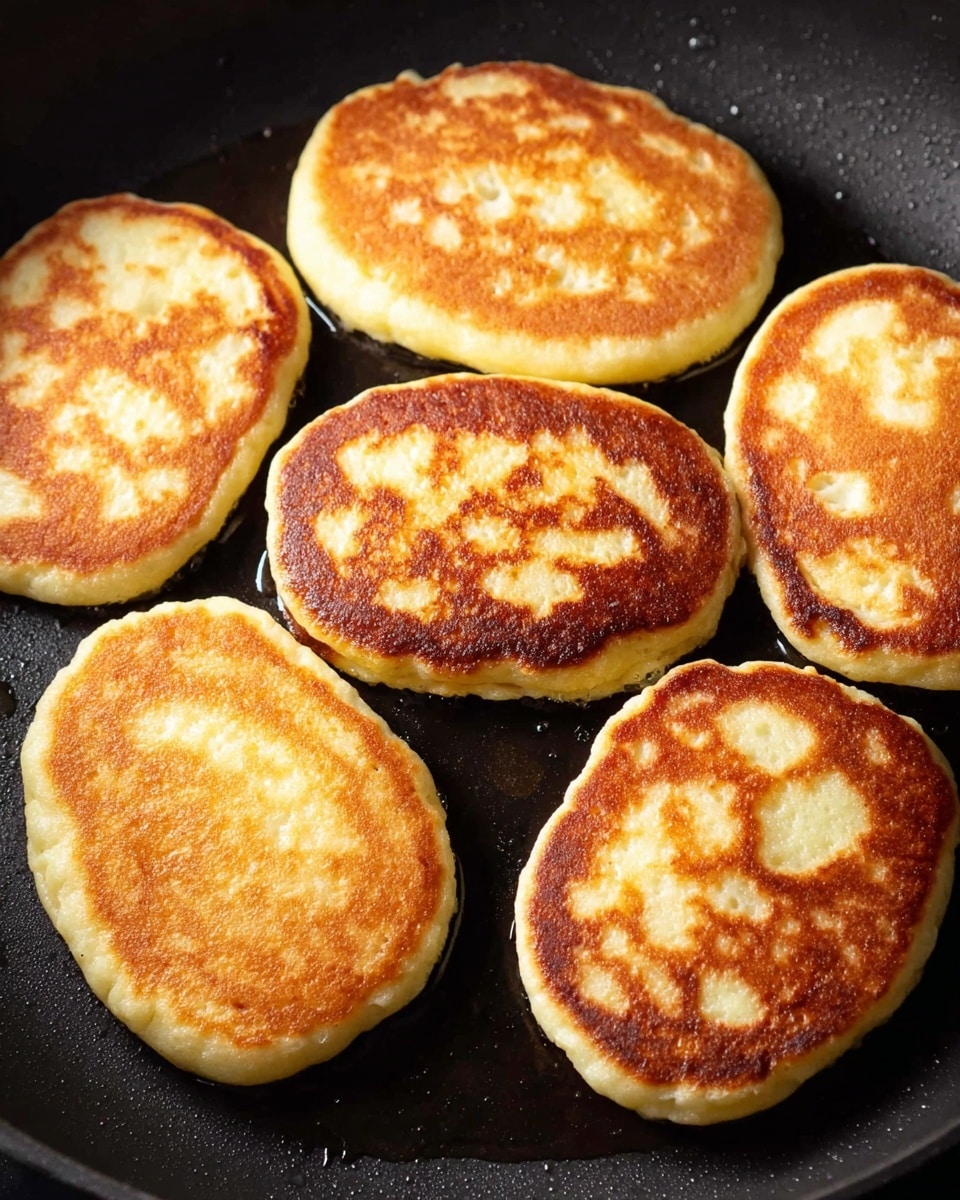 Six oval-shaped golden brown pancakes are shown cooking in a black pan. Each pancake has a slightly uneven surface with small light yellow spots where the batter cooked a bit lighter. The edges of the pancakes are soft and pale yellow, contrasting with the warm, crispy, golden brown top layer. The pancakes are evenly spaced in the pan, with a shiny layer of oil visible in some spots around them. The pan's surface is matte black, creating a clear contrast with the pancakes. photo taken with an iphone --ar 4:5 --v 7