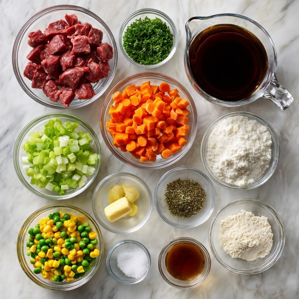 The image shows a top-down view of several small clear glass bowls arranged on a white marbled surface, each containing different ingredients for a recipe. There are eleven bowls total, each filled with distinct items: diced red sirloin tip meat in the top left, dark brown beef broth in a bowl with a handle to the top right, bright green chopped celery pieces near the top right, white flour powder below celery, finely chopped white onions below the meat, a mix of colorful vegetables including orange carrots, yellow corn, green peas, and green beans in the center, a small amount of clear oil below the vegetables, chopped green parsley to the right of the oil, minced light yellow garlic below the onions, white salt and black pepper in small bowls below the garlic, pale yellow butter below the onions, brown Worcestershire sauce in a small bowl at the bottom right, and green dried Italian seasoning in the bottom left. Each bowl is neatly placed and labeled with blue tags that have white text identifying the contents. Photo taken with an iphone --ar 4:5 --v 7