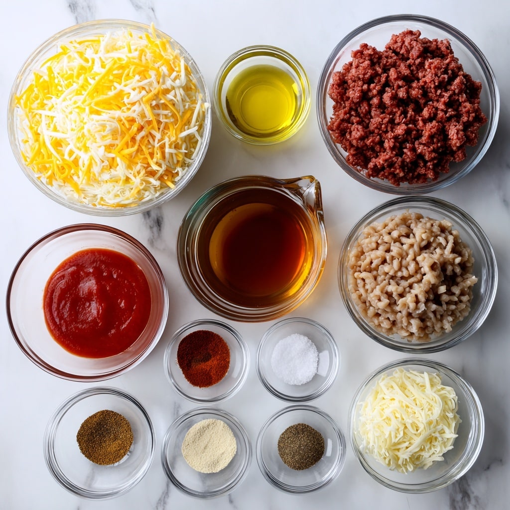 The image shows a collection of ingredients for cooking, all placed on a white marbled surface. There are clear glass bowls arranged in neat rows: one large bowl with yellow and white shredded cheese in the top left, a bowl with deep red ground beef to the right, and a bowl with light brown refried beans below the cheese. In the center is a small bowl filled with amber-colored beef broth, next to it a small glass pitcher with bright red tomato sauce. Below these are smaller bowls with clear olive oil, dark red chili powder, pale yellow onion powder, brown cumin, light beige garlic powder, black pepper, and white salt, all arranged evenly. Each ingredient is clearly visible with smooth and textured contents that highlight their natural colors. Photo taken with an iphone --ar 4:5 --v 7