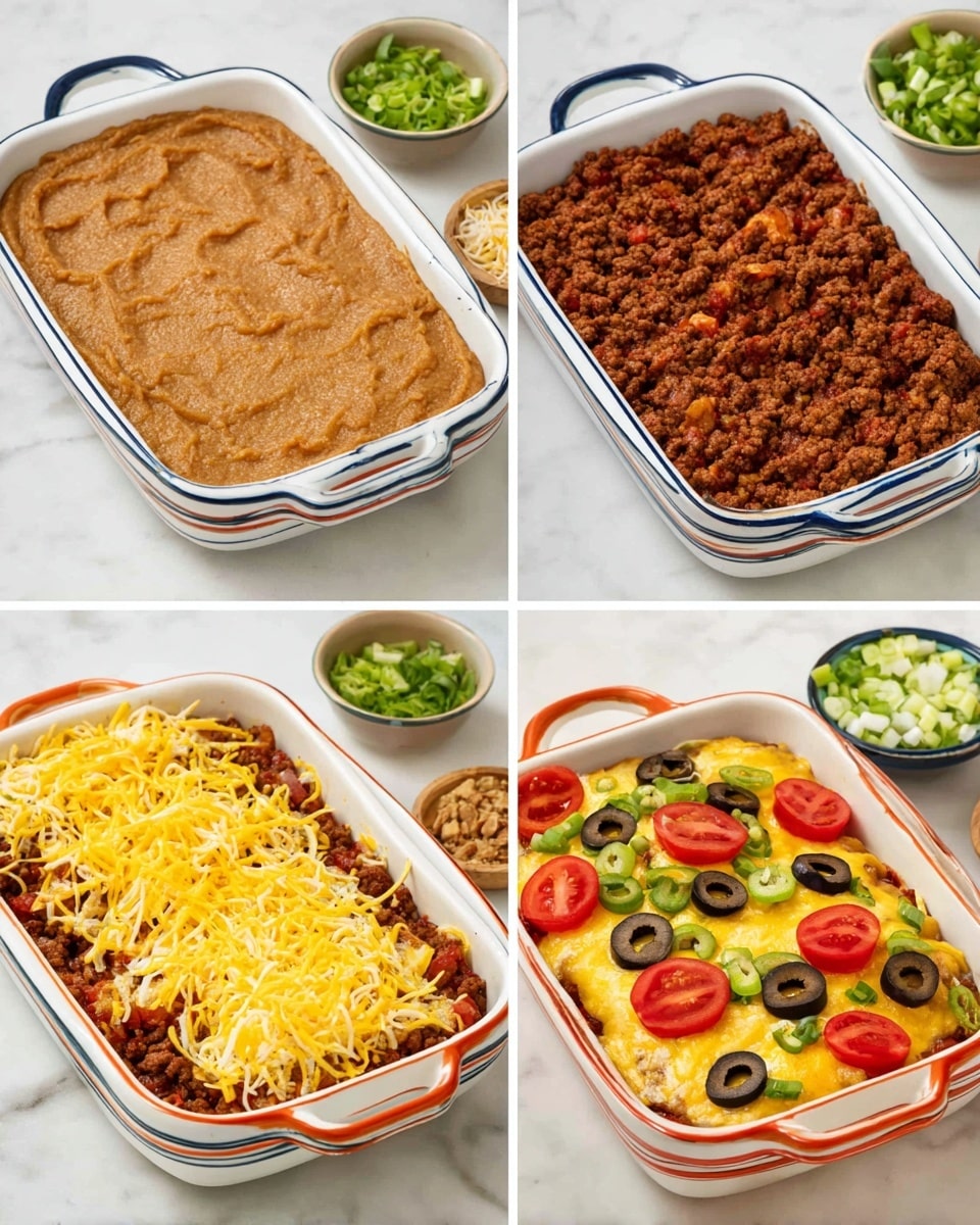 The dish is shown in four stages in white baking dishes with orange and red trim, placed on a white marbled surface. The first layer is a smooth, light brown refried bean spread evenly across the dish. The second layer is crumbly, browned cooked ground meat covering the bean layer. The third layer features a thick, even spread of shredded yellow and white cheese on the cooked meat. The final dish is baked with melted golden cheese topping the meat, decorated with red cherry tomato slices, black olive rings, and scattered chopped green onions. Photo taken with an iphone --ar 4:5 --v 7