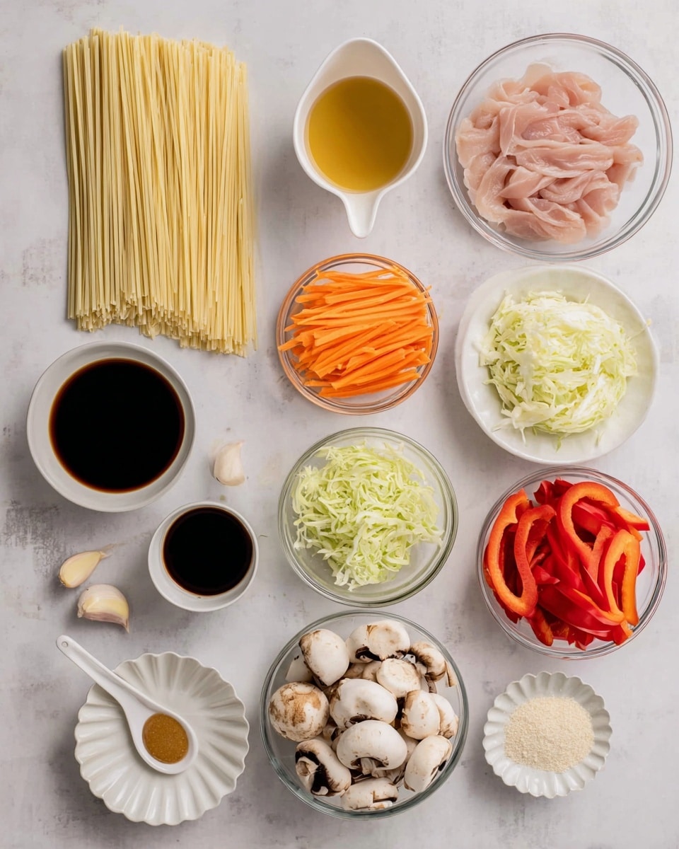 The image shows raw ingredients arranged neatly on a white marbled surface. There is a clear round bowl with thin slices of light pink raw meat at the top right. To its left, a bunch of uncooked pale yellow noodles lay flat. Below the noodles is a small white container filled with dark soy sauce, next to a larger white container of golden brown liquid. Below that is a tiny clear bowl with dark liquid and a small beige spoon holding a light brown paste. Near the center are three bowls: one with thin orange carrot strips, one with thinly shredded light green cabbage, and one with white powder. To the bottom right is a white bowl with thin pale yellow strips, below the carrot bowl is a white bowl with red bell pepper strips, and to the bottom left is a clear bowl filled with halved white mushrooms with dark brown centers. A white scallop-edged dish holds three peeled garlic cloves near the center. Photo taken with an iphone --ar 4:5 --v 7
