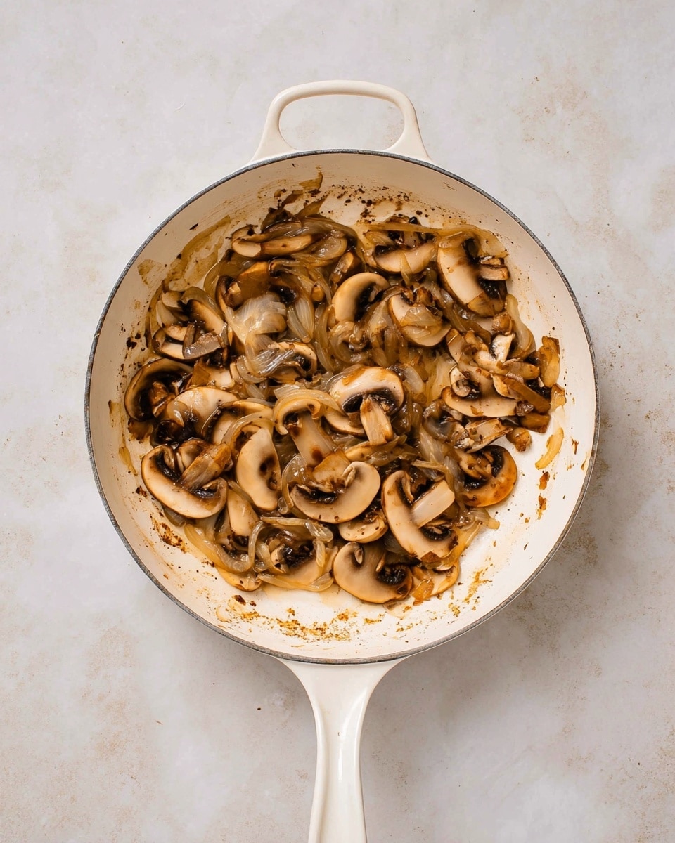 A white pan with two small handles and a long white handle holds cooked mushrooms and onions. The mushrooms are light brown with some darker edges and are cut into halves or slices. The onions are translucent and light brown, soft and mixed unevenly with the mushrooms. There are some brown marks and stains from cooking on the inside walls of the pan. The pan is placed on a white marbled surface that shows some brown spots and tall marks around it. photo taken with an iphone --ar 4:5 --v 7