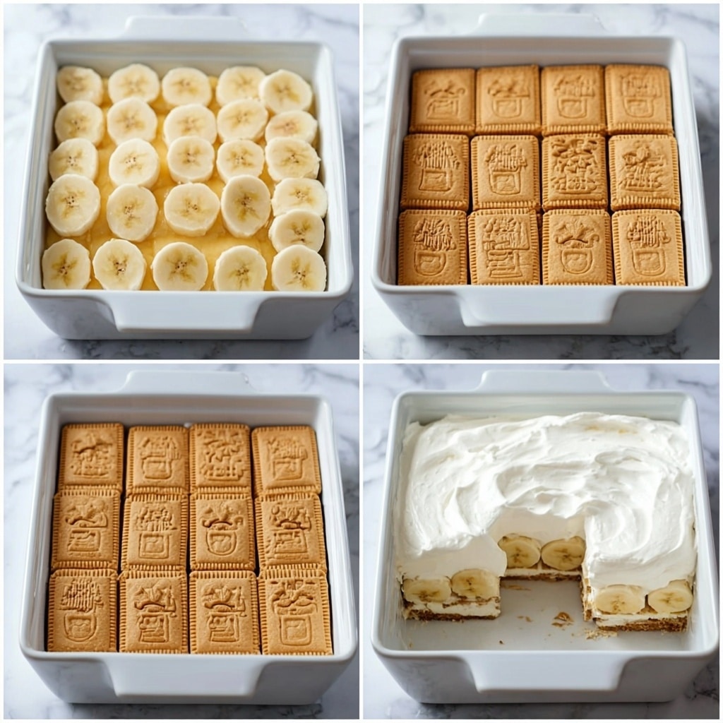 The image shows a dessert prepared in a white square dish with four main layers. The bottom layer is made of light brown rectangular cookies arranged tightly to cover the whole base. The second layer is a thick, even layer of sliced bananas, yellow with a soft texture. The third layer is a smooth, thick spread of white cream above the bananas. The top layer consists of another set of rectangular cookies with various brown imprinted designs neatly placed in a perfect grid, covering the surface fully. The dessert is also shown cut, revealing the distinct layers with the white cream, banana slices, and cookies seen clearly, with soft and smooth textures. The dessert is placed on a white marbled surface. photo taken with an iphone --ar 4:5 --v 7