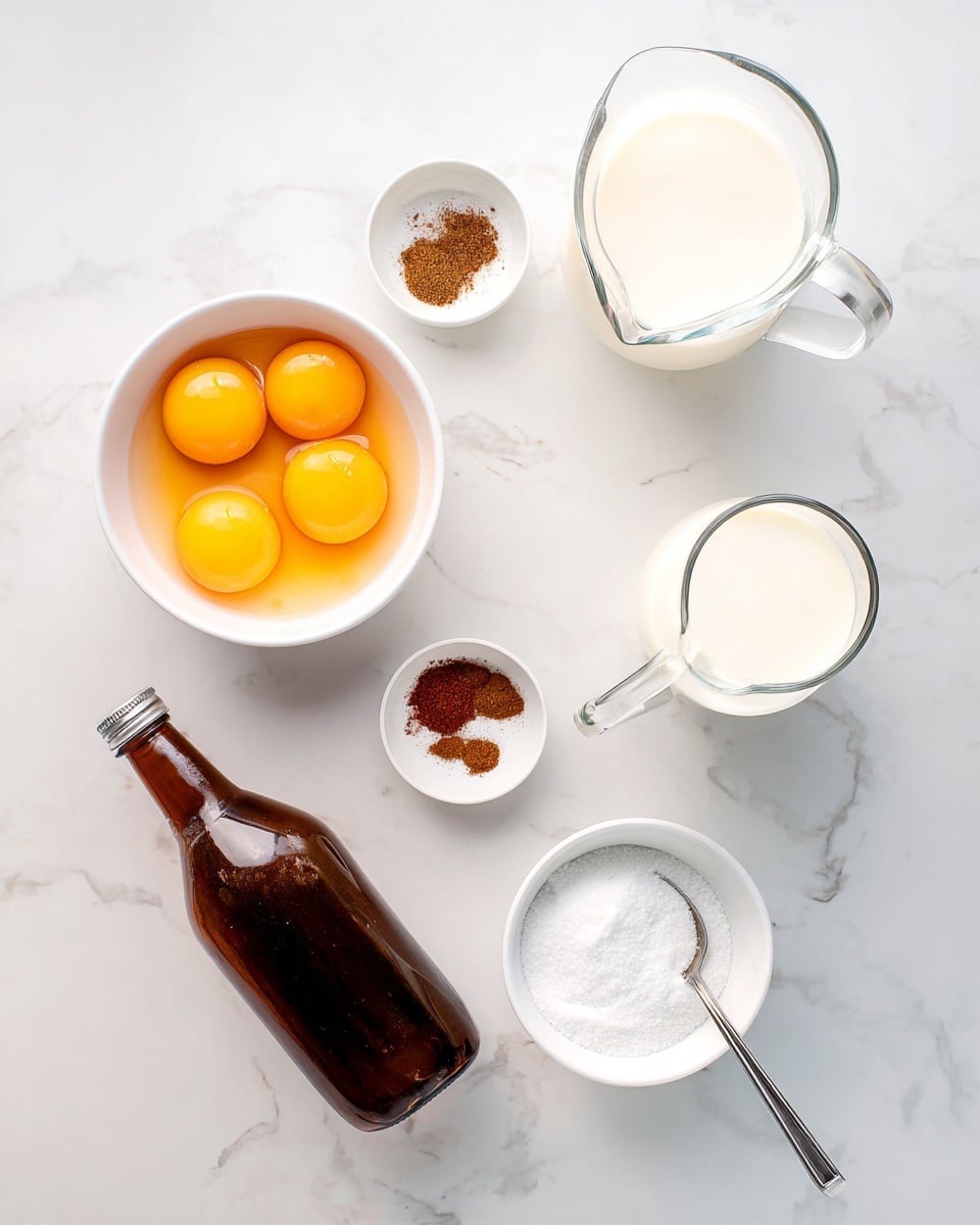 The image shows a white marbled surface with seven bright yellow egg yolks in a white bowl on the upper left, next to two small white bowls each containing a small amount of brown and white spices. To the right, there is a glass jug filled with cream and another glass jug filled with white milk below it. At the bottom left, there is a brown glass bottle lying on its side. At the bottom right, a small white bowl filled with white sugar has a metal spoon resting inside it. The overall setup is neat and arranged with space between each item, photo taken with an iphone --ar 4:5 --v 7