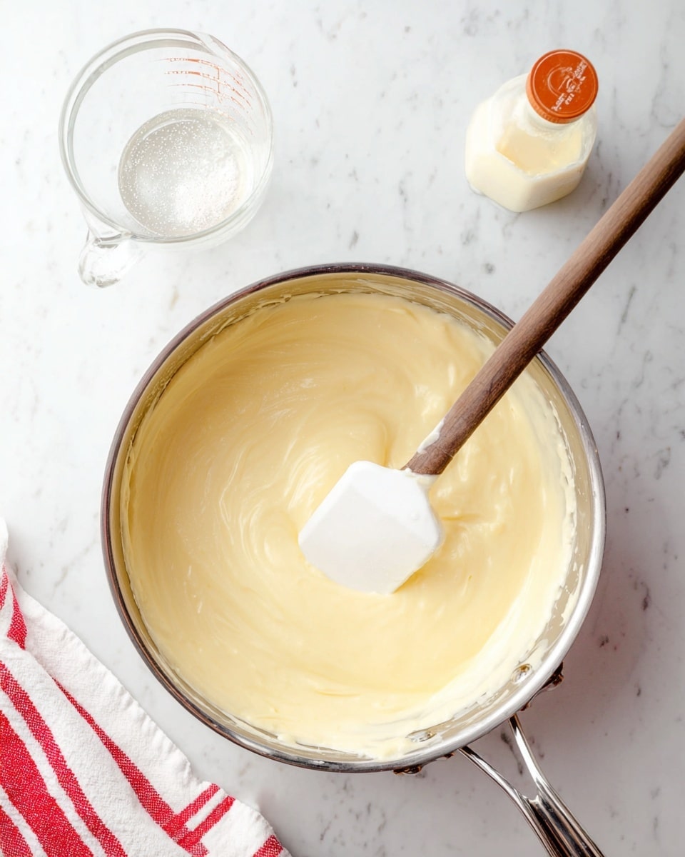 The image shows a metal pan filled with a smooth, light yellow cream mixture, with a white spatula resting inside, partially coated by the cream. Nearby on a white marbled surface, there is a transparent glass measuring cup containing a small amount of clear liquid and a glass bottle with a white and orange cap. A red and white striped cloth peeks from the corner. The overall scene is bright and clean, focused on the preparation of the creamy mixture. photo taken with an iphone --ar 4:5 --v 7