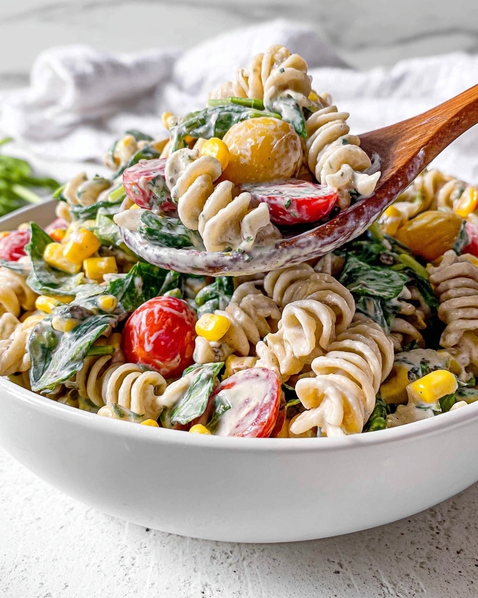 This image shows a close-up of a white bowl filled with a colorful pasta salad. The salad has spiral-shaped pasta in a light cream color, mixed with bright green leafy herbs, yellow corn kernels, and bright red cherry tomato halves. The creamy dressing coats the pasta and vegetables, giving a slightly shiny texture. A wooden spoon is lifting a portion of the salad, showing a dense mix of all the ingredients. The background features a soft white marbled surface and a partial view of a white cloth, creating a clean and fresh setting. Photo taken with an iphone --ar 4:5 --v 7