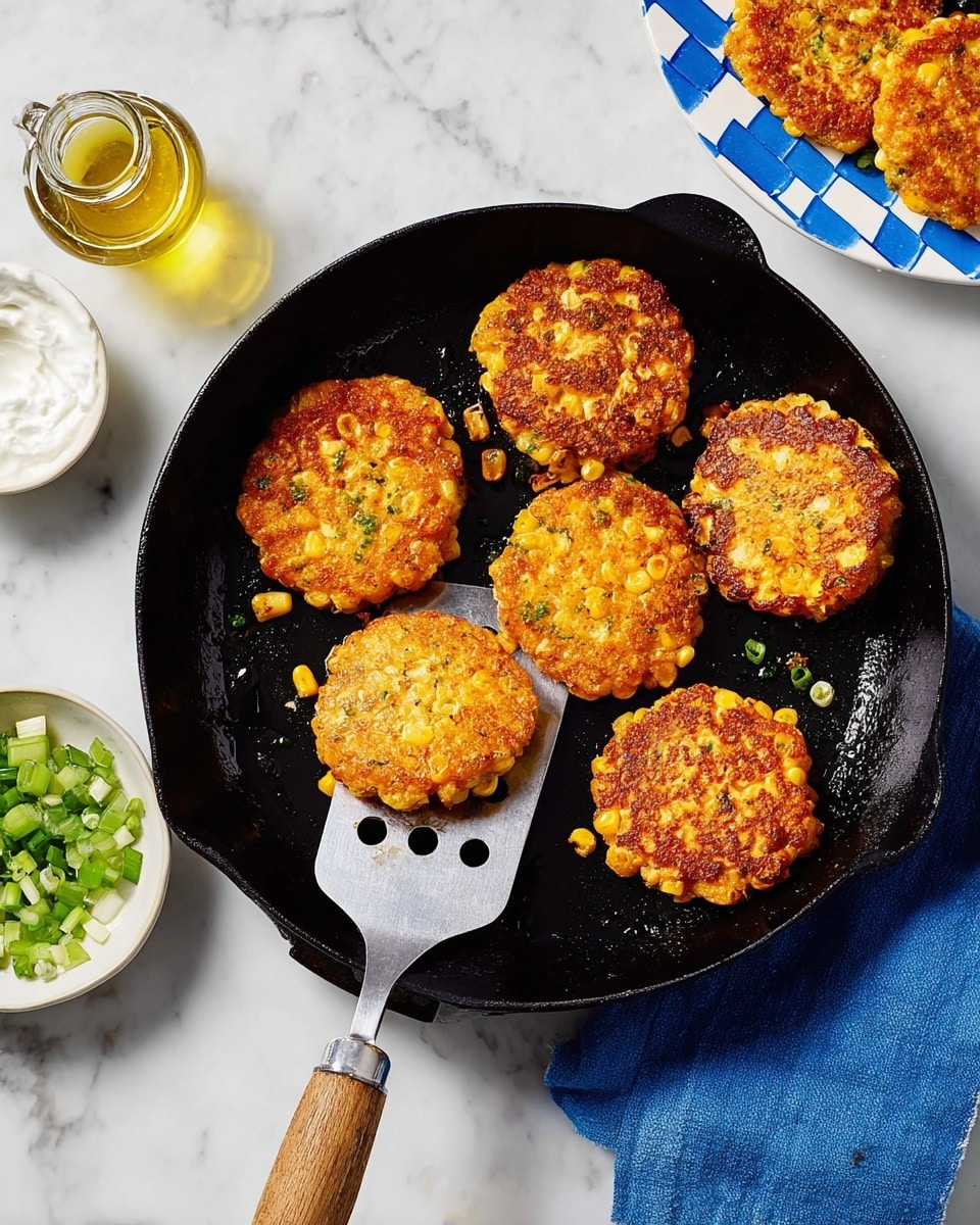 In a black cast iron pan on a white marbled surface lies a group of six golden-brown corn fritters, each round with a slightly rough texture showing whole corn kernels and a crisp, fried surface. A metal spatula with a wooden handle and three rivets is under one fritter, ready to lift it. To the side on the white marbled surface, there is a small jar of oil, a white bowl filled with chopped green onions, and a small white bowl with a dollop of white sauce. On the upper right corner, part of a white plate with blue checkered pattern holds more corn fritters. A blue cloth is beneath the pan, adding a pop of color. Photo taken with an iphone --ar 4:5 --v 7
