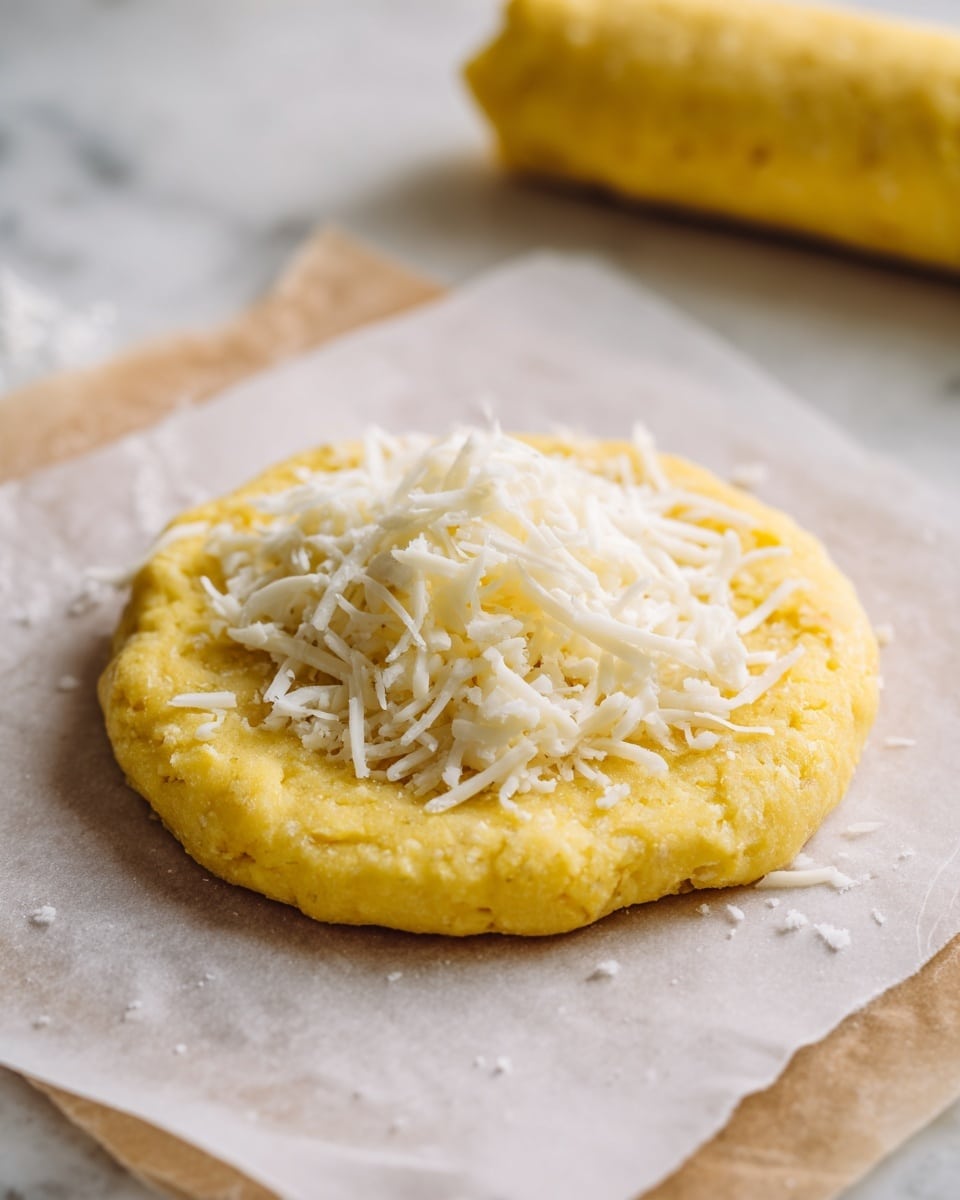 The image shows a close-up of a round yellow dough base, soft and slightly rough in texture, placed on a sheet of parchment paper on a white marbled surface. On top of this dough circle, there is a small pile of white shredded cheese, loosely spread in the center. In the background, there is a yellow roll of dough slightly out of focus. The scene is well-lit with natural light, highlighting the bright yellow color of the dough and the white cheese. photo taken with an iphone --ar 4:5 --v 7