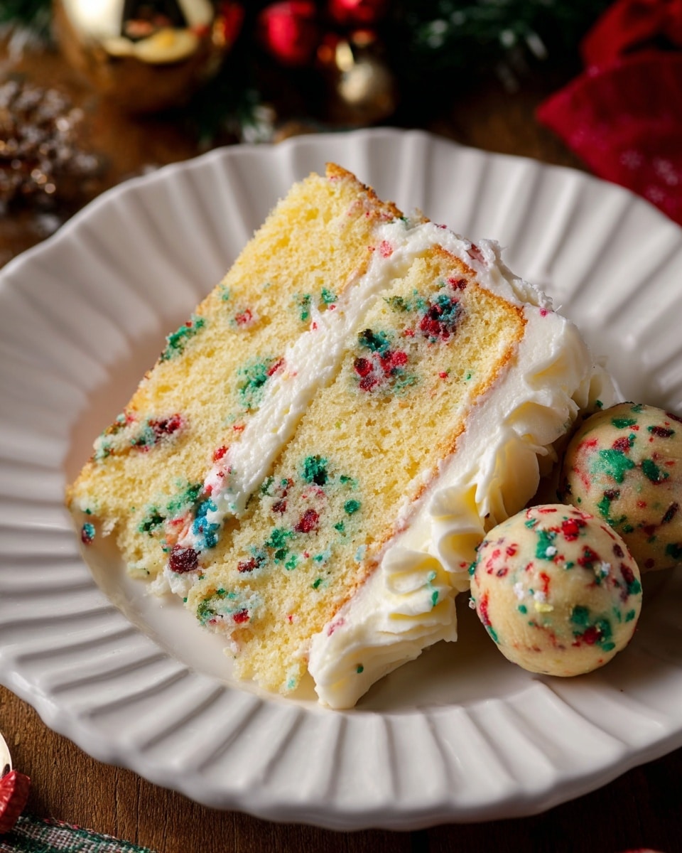 A round metal pan filled with a thick, creamy pale yellow batter forms the base layer. On top of the batter, five flat, circular pieces of dough with small red, green, and white sprinkles are placed unevenly, adding a festive touch. The dough pieces are light beige in color with a dense texture, contrasting with the smooth batter beneath. The pan sits on a surface that is changed to a white marbled texture in the description. photo taken with an iphone --ar 4:5 --v 7