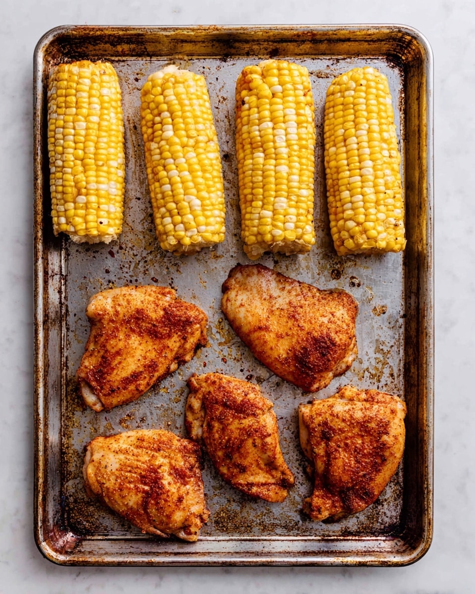 A metal baking sheet holds four pieces of seasoned cooked chicken arranged in a loose cluster at the bottom, each piece showing a reddish-brown spice coating with bits of garlic. Above, there are four corn cobs lined up horizontally, each with bright yellow and white kernels, slightly charred at the edges. The baking sheet has some browned spots and oil stains, all set on a white marbled surface. photo taken with an iphone --ar 4:5 --v 7