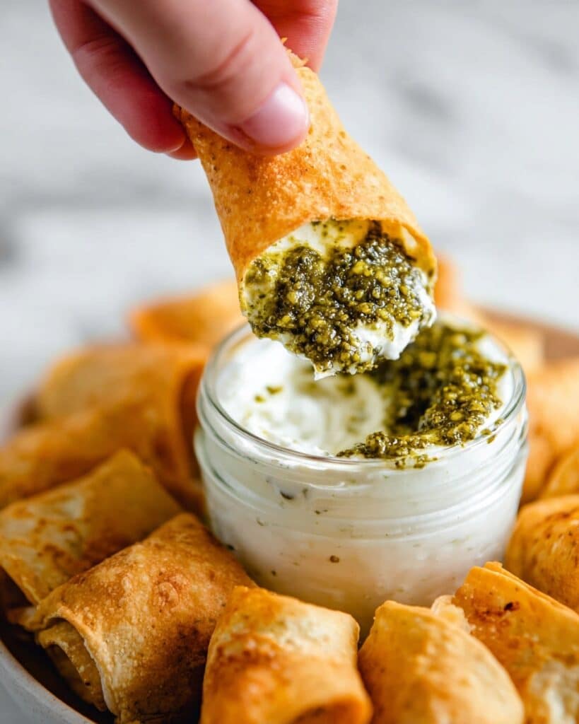 Baked Cream Cheese and Green Chili Antojitos with Basil Pesto Sour Cream Dipping Sauce Recipe