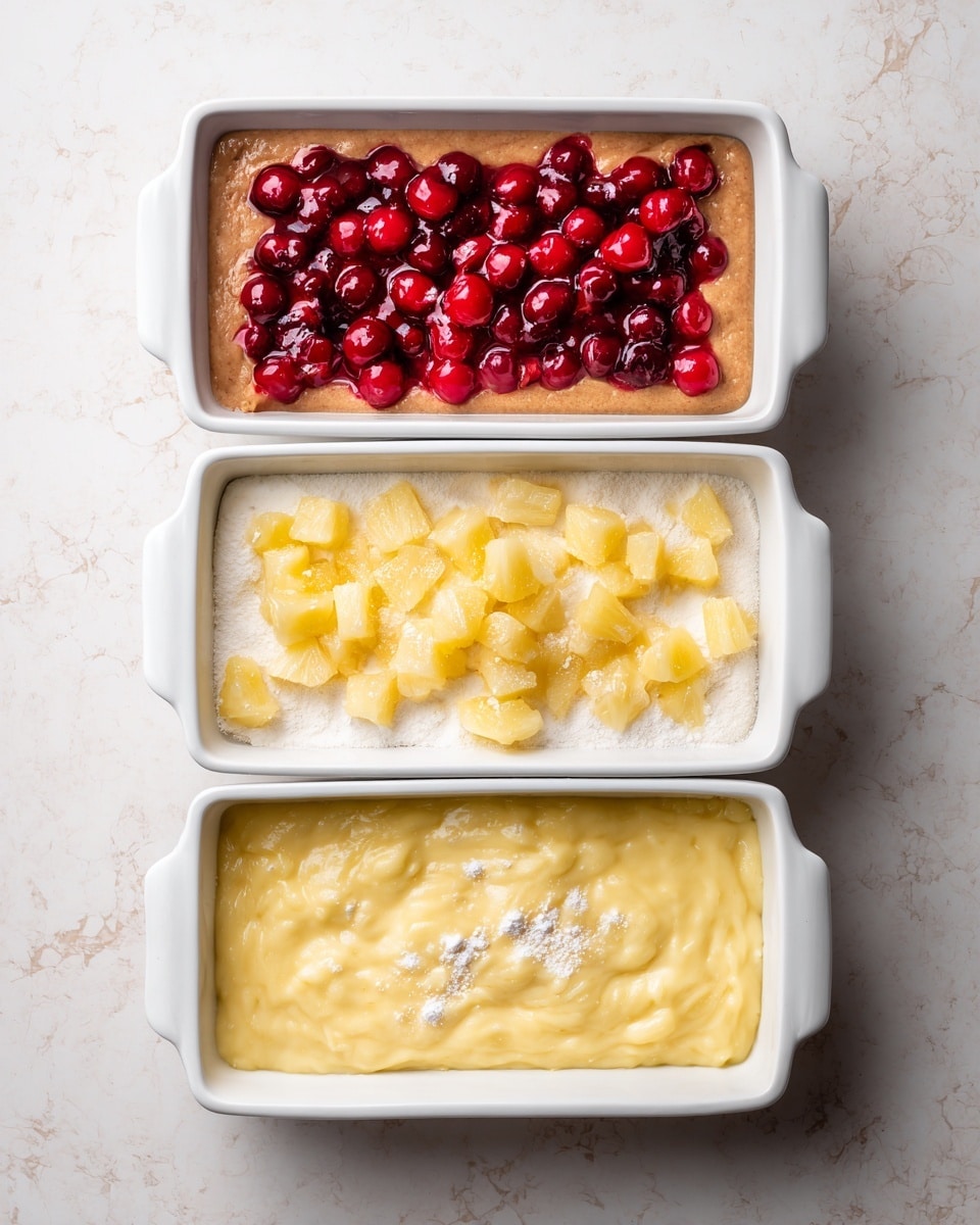 A white rectangular dish is shown in four stages: first, a layer of smooth brown sugar spread evenly over the bottom; second, bright red cherries placed evenly on top of the brown sugar layer; third, small, light yellow pieces of pineapple scattered over the cherries and sugar, covering most of the surface; fourth, a thick, creamy yellow batter poured evenly over the pineapple, cherries, and sugar layers, with a few small patches of unmixed flour visible on the surface. The dish sits on a white marbled textured surface. Photo taken with an iphone --ar 4:5 --v 7