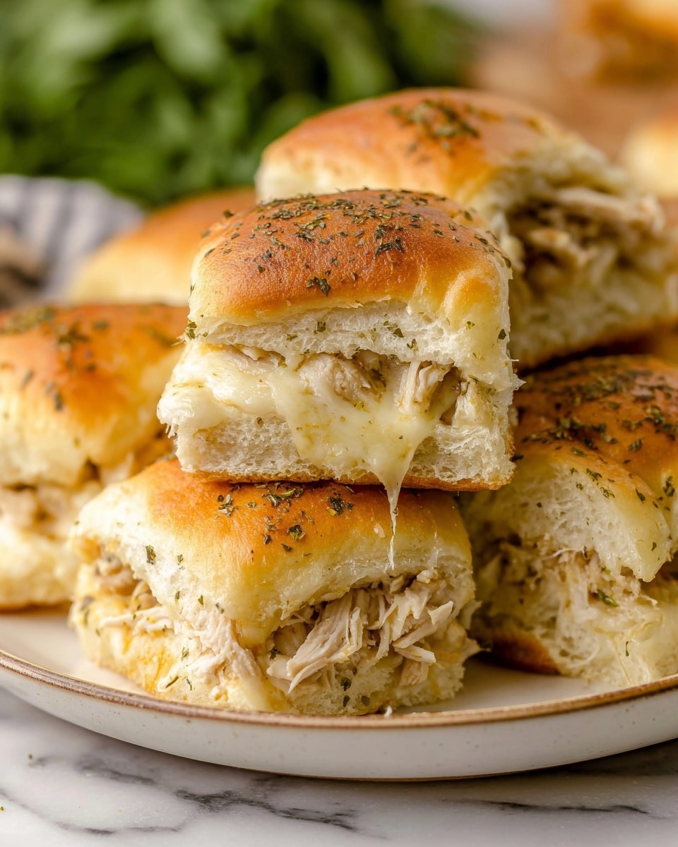 The image shows a stack of soft sandwiches on a white plate, each sandwich made of a golden-brown top and bottom bun sprinkled with green dried herbs. Inside each sandwich are layers of tender shredded chicken and creamy melted cheese, with the cheese stretching slightly between the buns. The buns look fluffy and light with a shiny, slightly crisp top. The plate sits on a white marbled surface with hints of greenery blurred in the background. photo taken with an iphone --ar 4:5 --v 7