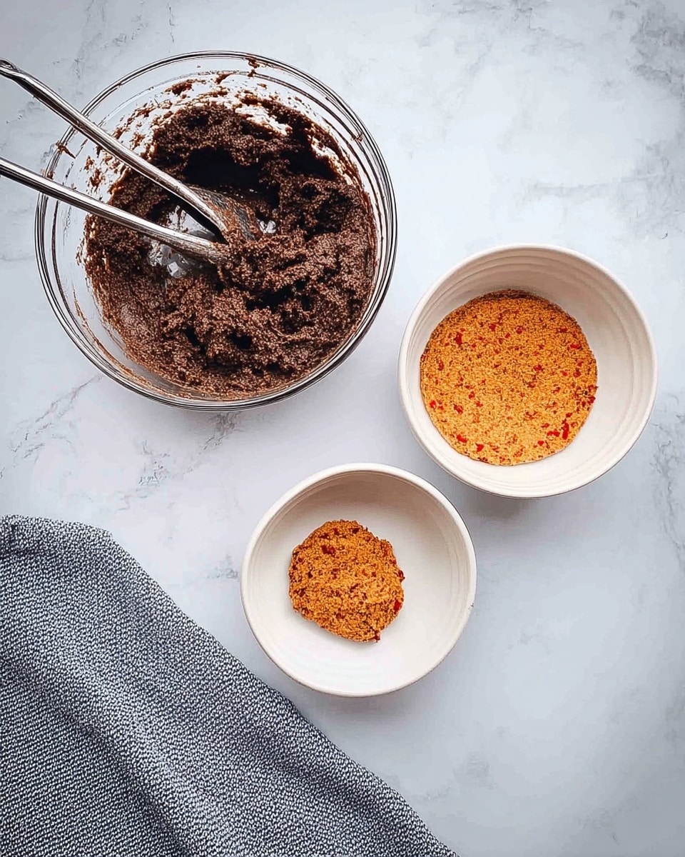 A large clear glass bowl on the left holds dark brown sticky dough with a rough texture, and a metal scoop with handles is inside the bowl. To the right, two white bowls sit side by side on a white marbled surface; the middle bowl contains a flat, round, orange-brown layer with specks of red, while the right bowl has a small round piece of the same orange-brown mixture placed near the edge. A gray textured cloth is draped along the bottom edge of the scene. Photo taken with an iphone --ar 4:5 --v 7