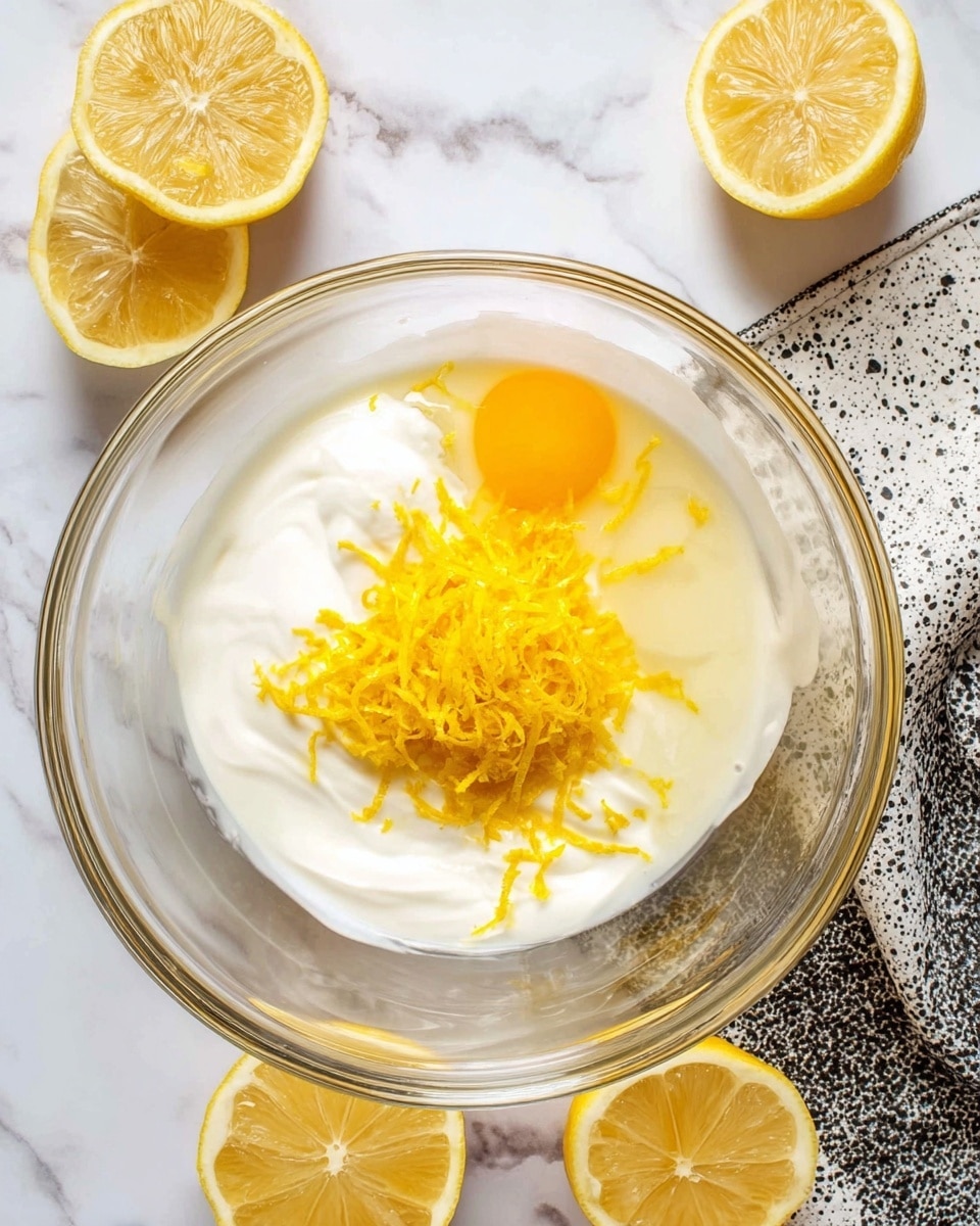 A clear glass bowl sits on a white marbled surface with a speckled black and white cloth partially visible underneath. Inside the bowl are two raw eggs with bright yellow yolks on one side, a thick white creamy layer on the bottom, and a pile of vibrant yellow lemon zest placed in the center. Around the bowl, there are three lemon halves showing their bright, juicy, and pale yellow inner flesh. The image is bright and fresh, focusing on the textures and colors of the ingredients. photo taken with an iphone --ar 4:5 --v 7