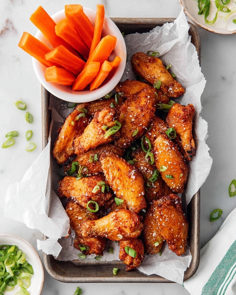 A metal tray lined with white parchment paper holds a pile of golden-brown chicken wings sprinkled with coarse salt and small green onion pieces. At the top left corner inside the tray, a white bowl is filled with bright orange carrot sticks standing upright. The tray is set on a white marbled surface with some scattered green onion pieces nearby. photo taken with an iphone --ar 4:5 --v 7