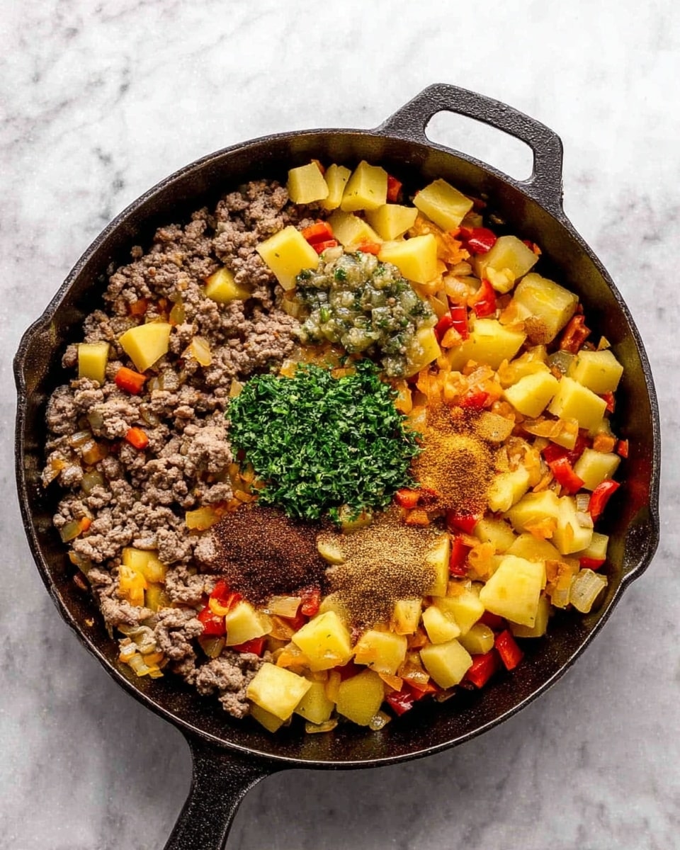 A black cast iron pan filled with a mix of cooked ground meat and diced vegetables including yellow potatoes, red bell peppers, and onions, evenly spread around the pan. In the center, there are four different ingredients placed in separate piles: a green chunky substance resembling a relish, finely chopped green herbs, and two types of powdered spices in brown and reddish hues. The pan sits on a white marbled surface with steam gently rising, showing the food is hot. photo taken with an iphone --ar 4:5 --v 7