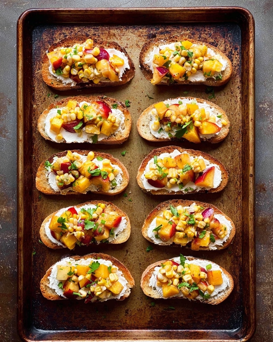 A baking tray holds twelve toasted bread slices, arranged in four rows of three. Each slice is topped with a white creamy spread as the first layer. On top, there are chunks of yellow and red fruit pieces, likely peaches or nectarines, mixed with small yellow corn kernels. Green herb leaves are scattered over the colorful fruit and corn, adding a fresh look. The bread edges are toasted brown with some darker spots, showing a crunchy texture. The tray has a dark worn metal surface with marks and scratches. photo taken with an iphone --ar 4:5 --v 7