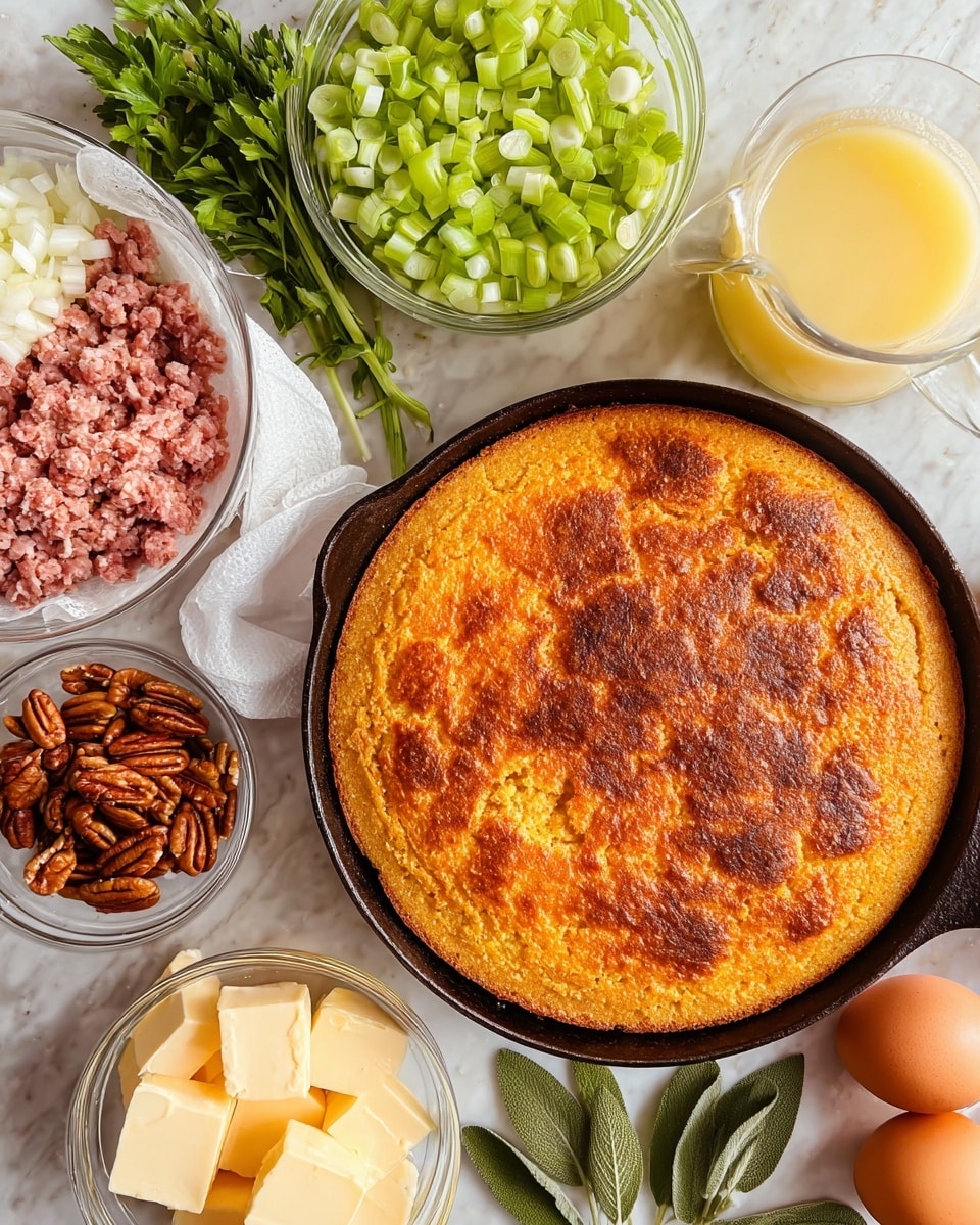 A golden brown baked cornbread sits in a black cast iron skillet, showing a crisp textured top with some darker browned spots around the edges. Around it on a white marbled surface are bowls and piles of cooking ingredients: a clear bowl of chopped onions with white and slightly shiny pieces, another clear bowl filled with light green chopped celery, a medium clear bowl containing a mix of raw ground meat with pink and white tones, a smaller clear bowl with whole pecans in rich brown shades, two whole brown eggs, several light yellow butter cubes stacked neatly on a white piece of paper, and a glass container filled with a pale yellow liquid broth. Fresh green herbs including parsley and sage leaves lie nearby for garnish. Photo taken with an iphone --ar 4:5 --v 7