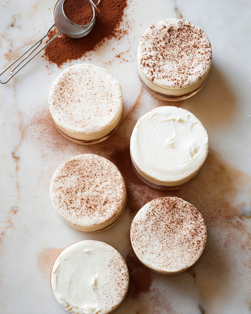 Six round glasses are filled with a creamy white dessert, each topped with a layer of smooth, thick white cream. Two glasses at the top have a dusting of cocoa powder scattered evenly over the cream surface, adding a light brown speckled texture, while the other four glasses have plain white cream tops. The glasses are placed on a white marbled surface with cocoa powder dusted around them, creating a soft brown pattern around the cups. At the top left corner, a small open container filled with cocoa powder has a fine sieve resting on it, showing that the powder was freshly sprinkled. Photo taken with an iphone --ar 4:5 --v 7
