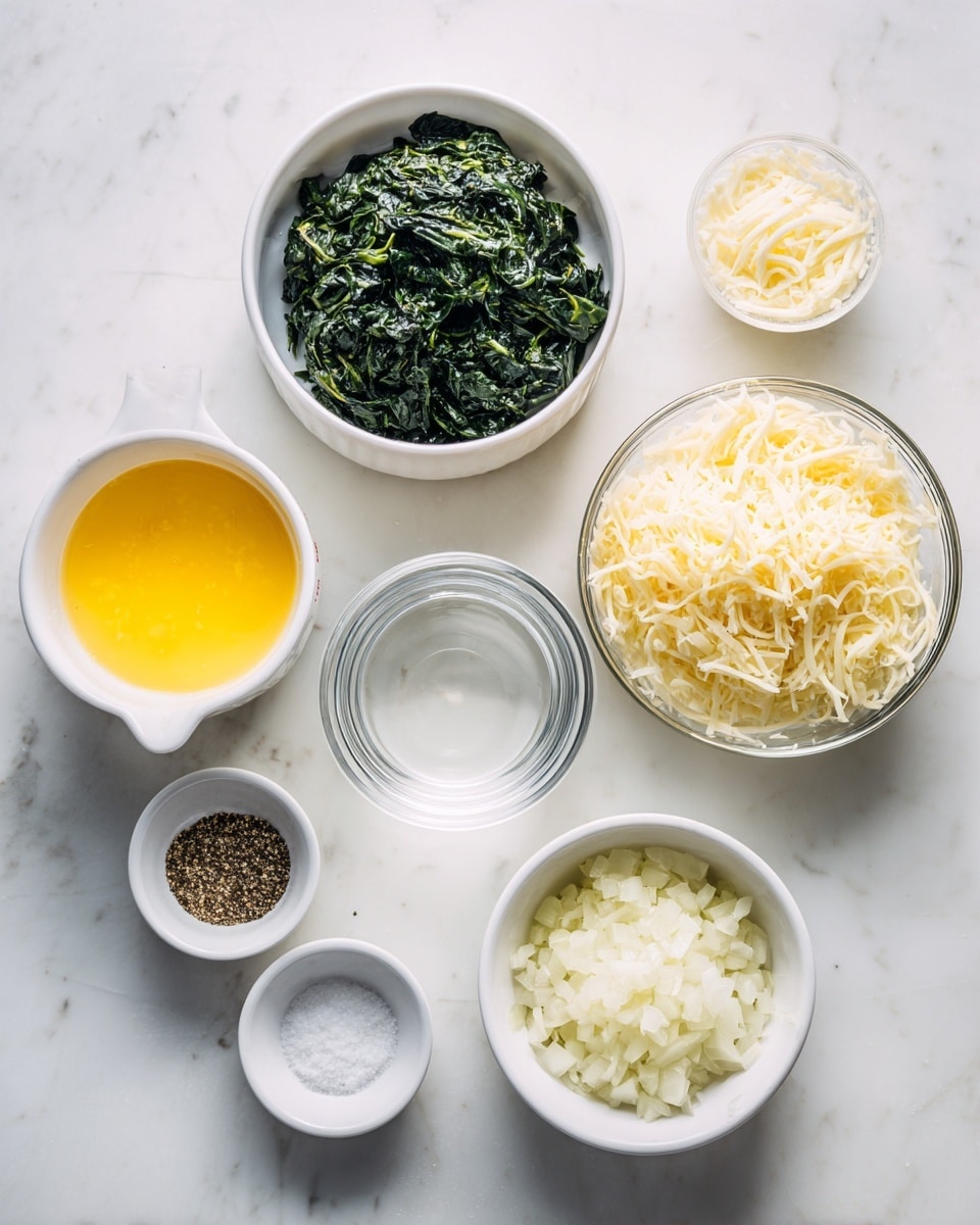 The image shows seven small white dishes arranged on a white marbled surface. One white measuring cup contains a yellow beaten egg mixture on the bottom left. Above it is a white bowl filled with cooked dark green chopped spinach. To the right is a clear glass bowl with a large amount of shredded pale yellow cheese. Below that is a white bowl filled with finely chopped white onions. Between the cheese and onions is a small clear bowl with a little water inside. Near the bottom center are two tiny white dishes, one holds ground black pepper and the other has white salt. The arrangement is neat and all bowls have smooth textures. Photo taken with an iphone --ar 4:5 --v 7