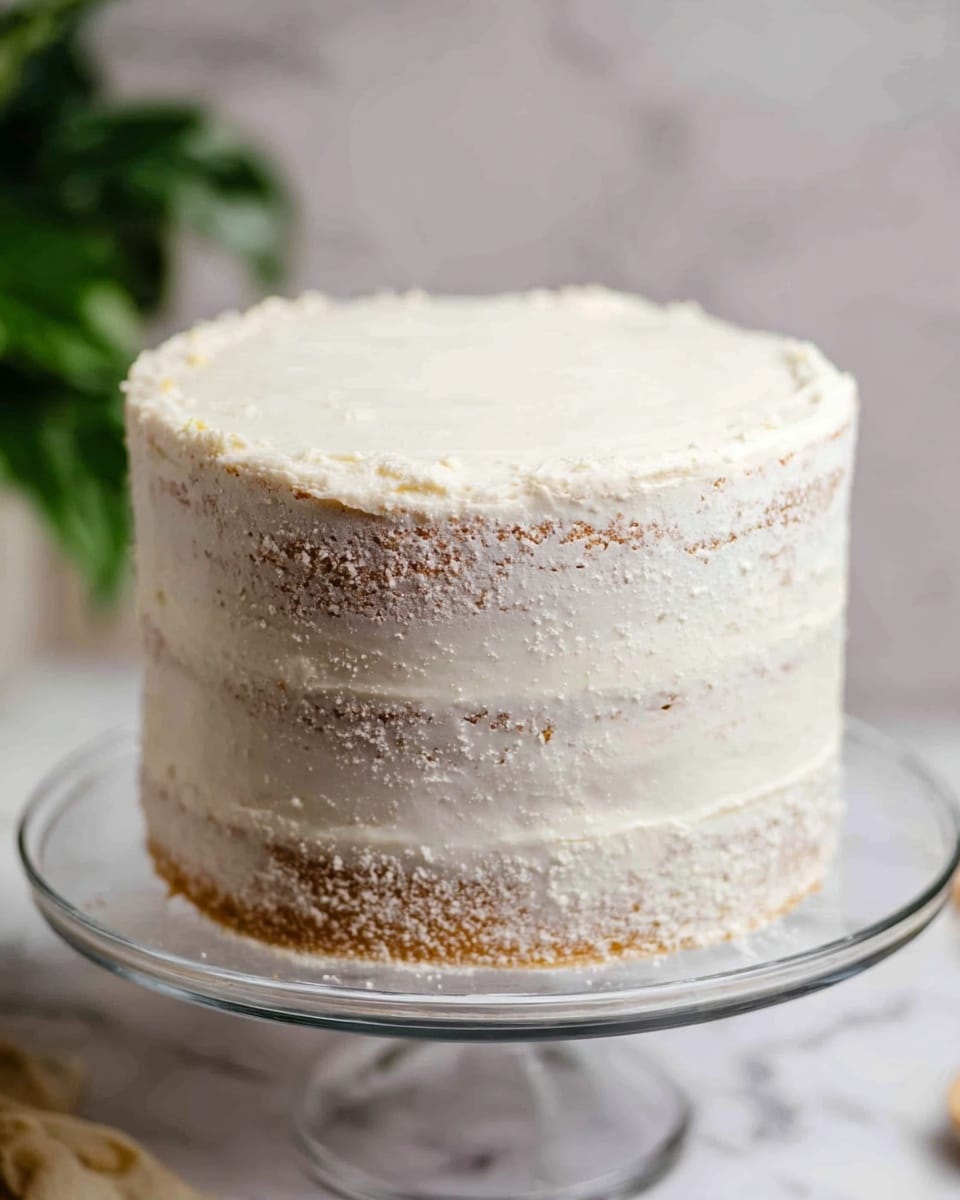 A tall, smooth, white frosted cake with clean, sharp edges stands centered on a white marble cake stand with a short pedestal. The cake has one visible layer covered fully in a thick, even coat of white frosting that looks soft and creamy. The background shows a white tiled wall and white marble surface, with a bowl of bright red strawberries and a green plant softly blurred on the sides. A checkered cloth is casually placed next to the cake stand. photo taken with an iphone --ar 4:5 --v 7