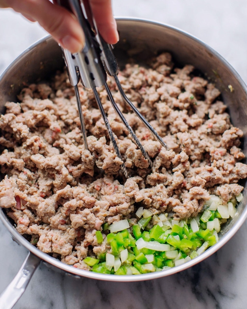 The image shows a white rectangular baking dish with two visible layers inside. The bottom layer is a brown ground meat mixture with some small lighter bits mixed in, partially visible around the edges. On top of this is a layer of pale, off-white half-moon shaped tortilla pieces, arranged in a slightly overlapping pattern, covering the meat layer fully. The texture of the tortillas looks soft and a little bumpy. The dish is placed on a white marbled surface. photo taken with an iphone --ar 4:5 --v 7