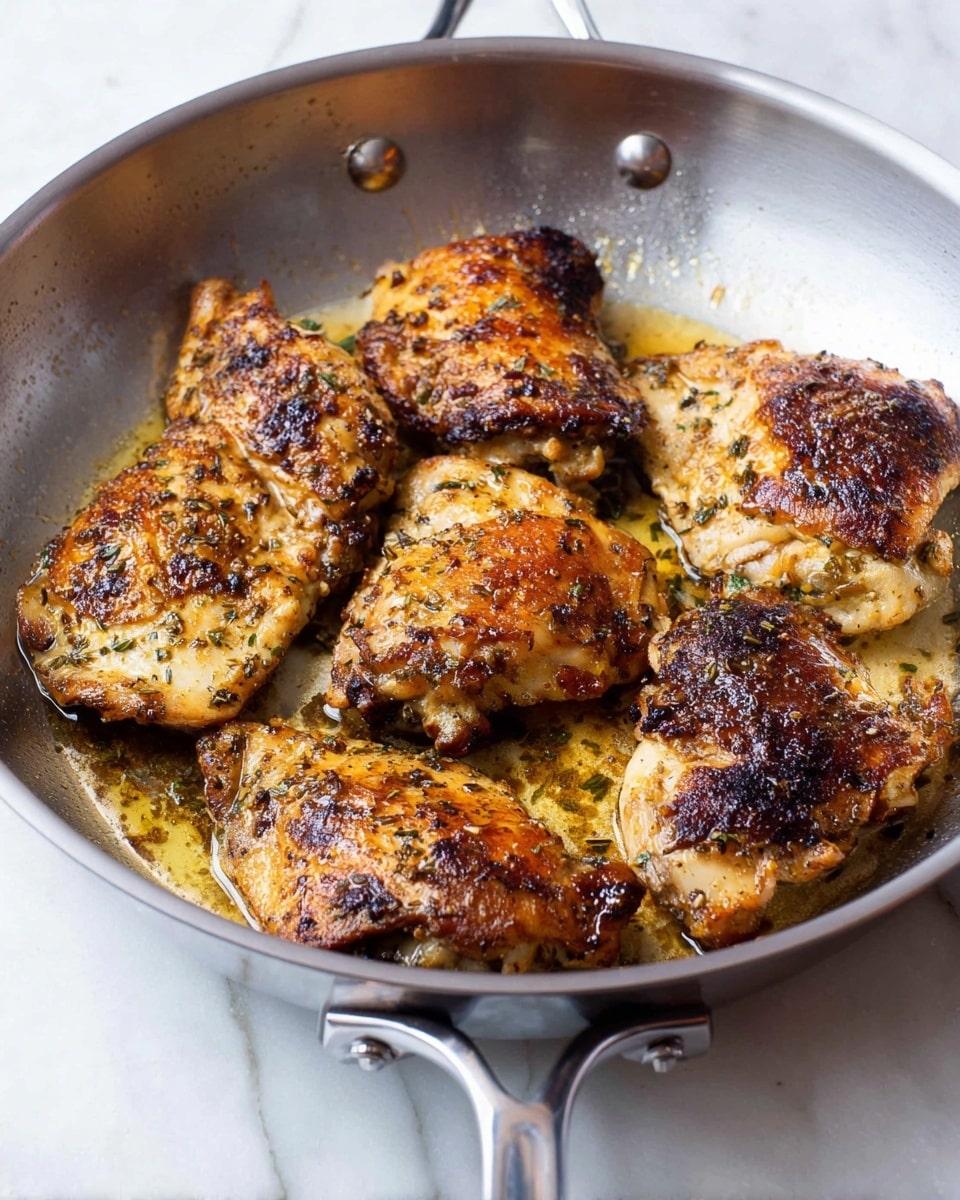 A silver metal pan holds six pieces of cooked chicken with a mix of golden brown and dark caramelized spots, showing a textured surface with bits of herbs and seasoning. The chicken pieces have uneven shapes and some slight charring around the edges, sitting in a small pool of cooking juices with a slight oily shine. The pan's handle stretches out from the top center, and the whole dish is set on a white marbled surface. photo taken with an iphone --ar 4:5 --v 7
