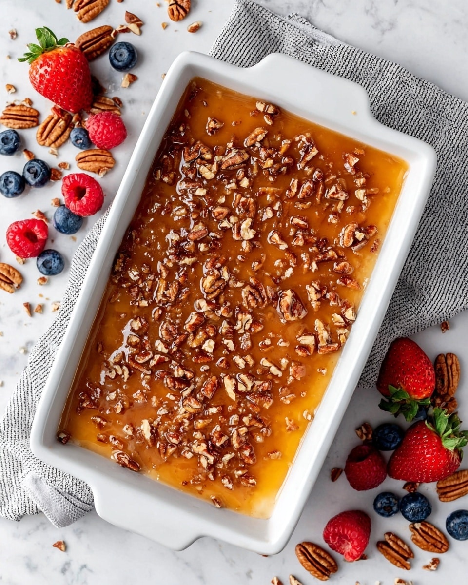 A rectangular white dish filled with a dessert that has two layers: a smooth, creamy base layer topped with a thick, glossy caramel layer, sprinkled generously with small, chopped pecan pieces that add texture and color contrast. The dish rests on a gray striped cloth on a white marbled surface, surrounded by scattered pecans and fresh berries like strawberries, raspberries, and blueberries, which add pops of red and blue around the dish. Photo taken with an iphone --ar 4:5 --v 7