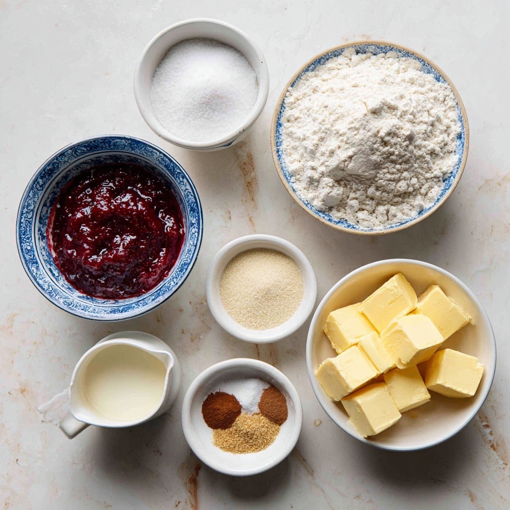 The image shows seven small white bowls and one white cup on a white marbled surface, each filled with different baking ingredients. The largest bowl at the top right holds a mound of white flour with a slightly coarse texture. To its left, a white bowl with blue patterns contains thick, dark red raspberry jam with a chunky texture. Below the flour bowl is a white bowl filled with yellow cubes of vegan butter, smooth and firm. Just above this is a small white bowl with fine white sugar. To the left of the sugar is another small white bowl that holds tiny light beige instant yeast granules. Above the sugar and yeast is a tiny white bowl with two different brown spices in powder form, placed side by side. Finally, at the bottom left of the flour bowl, a small white cup contains creamy dairy free milk. photo taken with an iphone --ar 4:5 --v 7