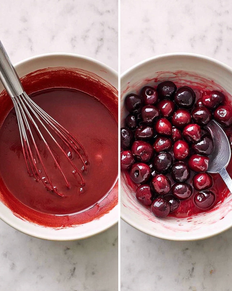 Two side-by-side images show a food preparation process in a white bowl on a white marbled surface. The left image features a shiny, smooth, deep red sauce with a slightly thick texture inside the white bowl, with a metal whisk resting inside, partially covered in the sauce. The right image shows the same bowl now filled with whole dark red cherries mixed into the shiny sauce, with some juice pooling around the cherries, and a metal spoon resting inside the bowl. photo taken with an iphone --ar 4:5 --v 7