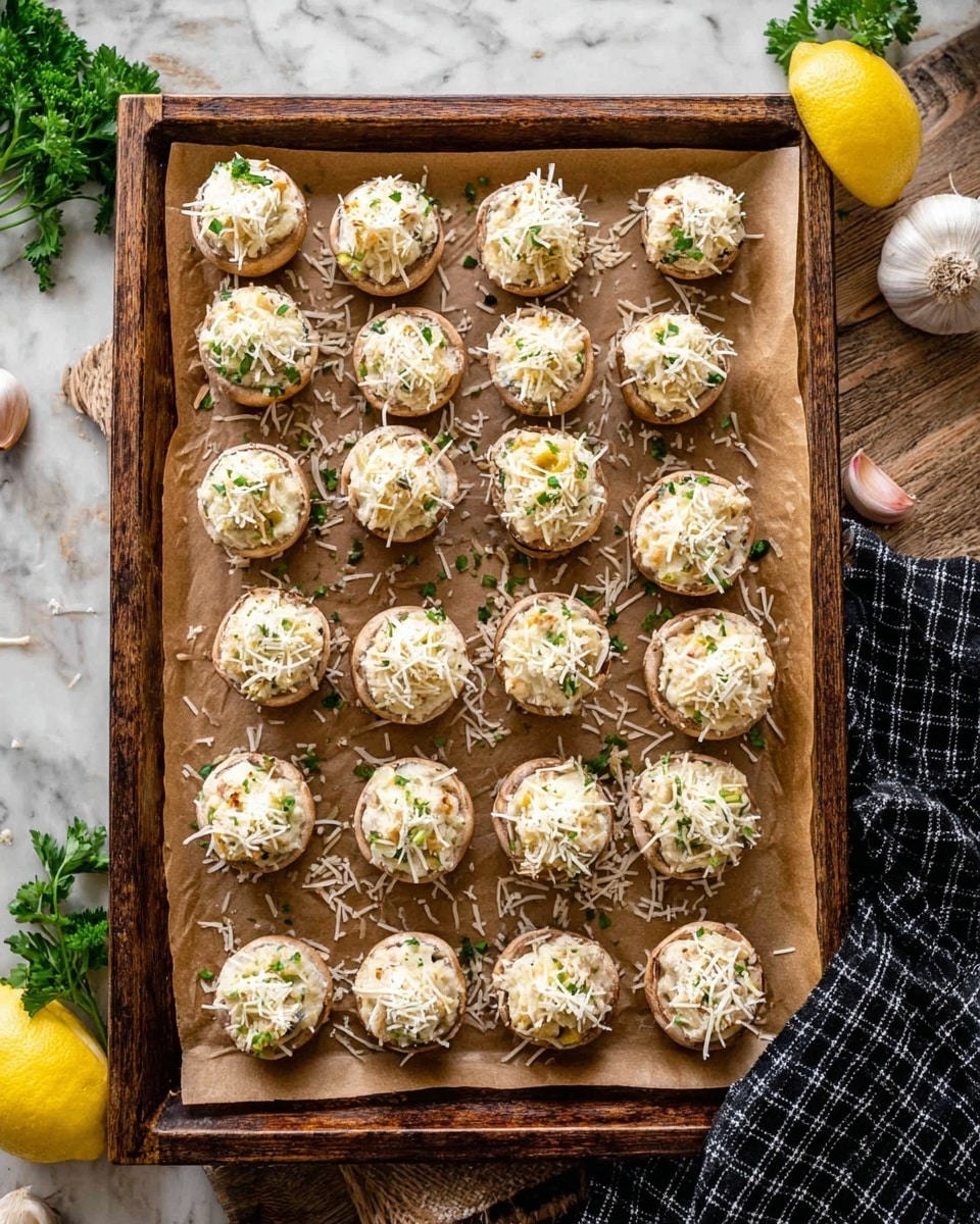 The image shows a baking tray lined with brown parchment paper, filled with 27 round stuffed mushrooms arranged in a grid. Each mushroom cap is topped with a creamy white mixture that has small green herb pieces mixed in, and a layer of finely shredded white cheese sprinkled on top. The mushrooms have a light tan color and the stuffing is dense with a slightly rough texture. The tray is placed on a white marbled surface with scattered parsley leaves, a garlic bulb, and a lemon wedge nearby, along with a black and white checkered cloth on the right side. Photo taken with an iphone --ar 4:5 --v 7