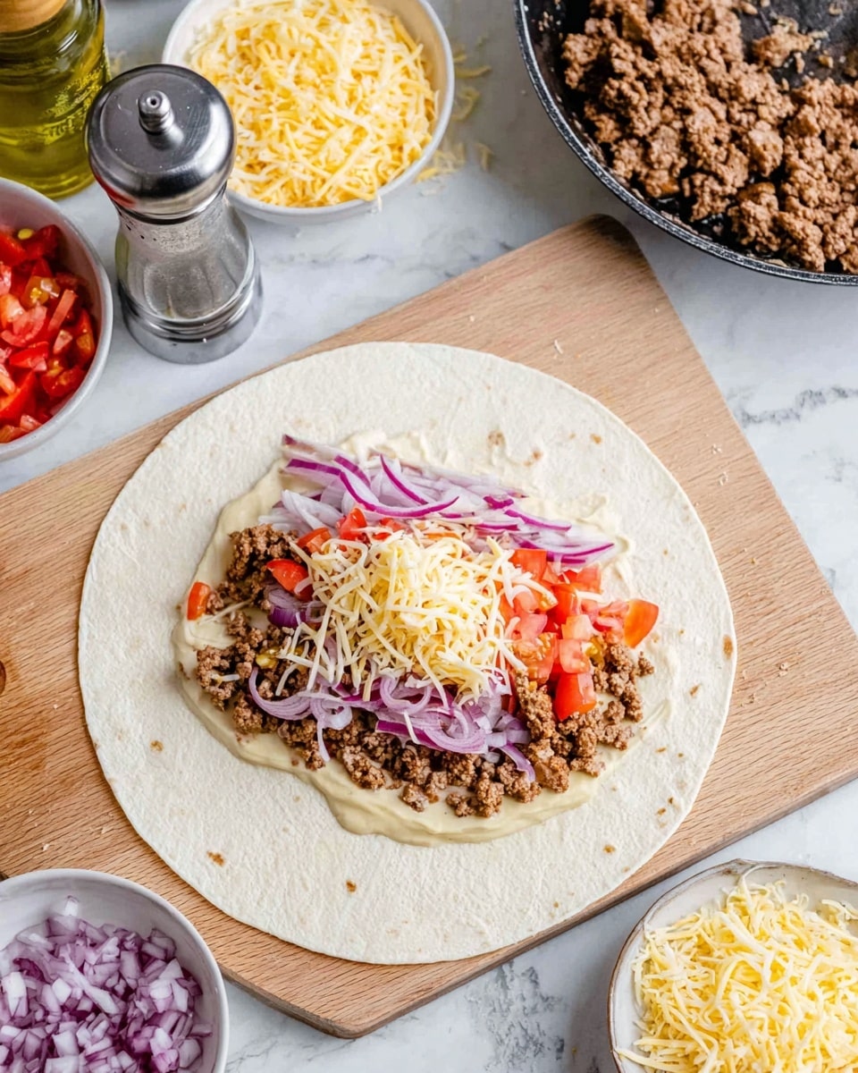 A large white tortilla is spread flat on a light wooden board placed on a white marbled surface. In the middle of the tortilla, there are four visible layers: the bottom layer is a light beige smooth spread, topped with crumbled brown cooked meat, then small chunks of red tomato pieces, and finally thin slices of purple onion mixed with shredded light-yellow cheese. Around the tortilla, there are several small white bowls, one filled with shredded light-yellow cheese, another with diced red tomatoes, and a large white plate holding more crumbled cooked meat. A black cast iron pan with melted yellow butter and part of a pepper grinder and a bottle of greenish liquid are also visible. Photo taken with an iphone --ar 4:5 --v 7