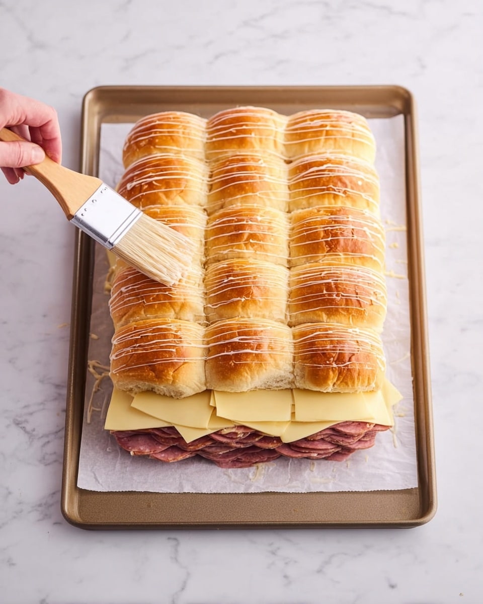 A tall sandwich is placed on a baking tray lined with white paper, sitting on a white marbled surface. The sandwich has three visible layers: the bottom layer is dark pink deli meat, the middle layer has multiple slices of pale yellow cheese arranged slightly overlapping, and the top layer is composed of nine square, golden-brown, soft dinner rolls with parallel line marks on the surface. A white brush with a wooden handle is held by a woman's hand and gently brushing a shiny glaze over the top rolls. Photo taken with an iphone --ar 4:5 --v 7