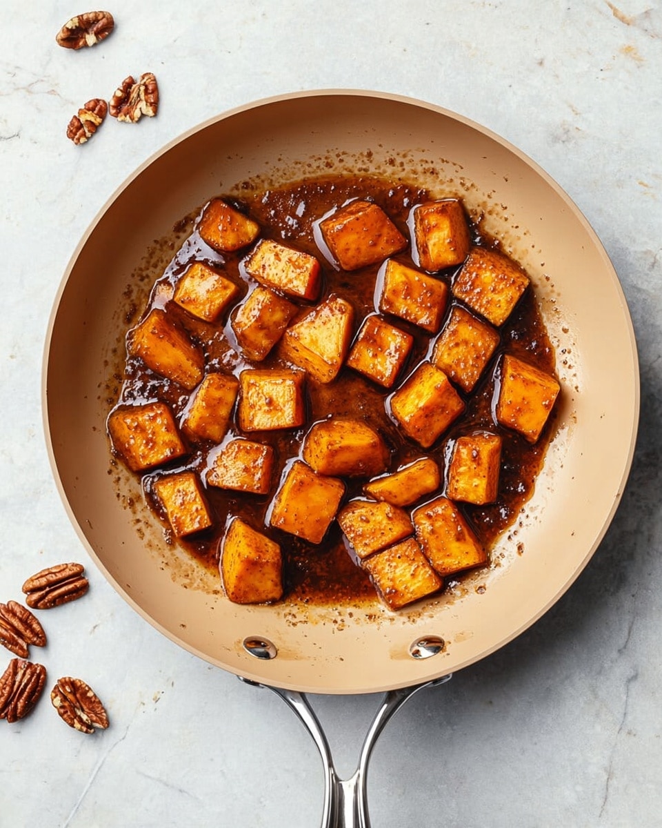The image shows a beige frying pan with a silver handle placed on a white marbled surface. Inside the pan are about 30 pieces of cubed sweet potatoes, each piece a warm orange-brown color with a slightly shiny, soft texture as if cooked in a dark brown sauce that pools around them. The sauce has a glossy look with some darker spots of seasoning. Around the pan on the white marbled background, there are a few scattered pieces of pecan nuts with a textured brown shell. photo taken with an iphone --ar 4:5 --v 7
