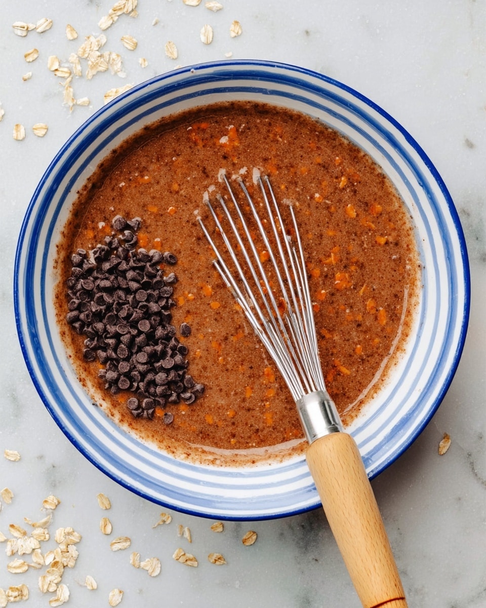 The image shows a white bowl with blue stripes around the rim filled with a chocolate-brown batter mixed with small orange flakes. A shiny metal whisk with a light wooden handle rests inside the batter, and a small pile of dark chocolate chips sits on top near the whisk. The bowl is placed on a white marbled surface with a few oat flakes scattered nearby. photo taken with an iphone --ar 4:5 --v 7