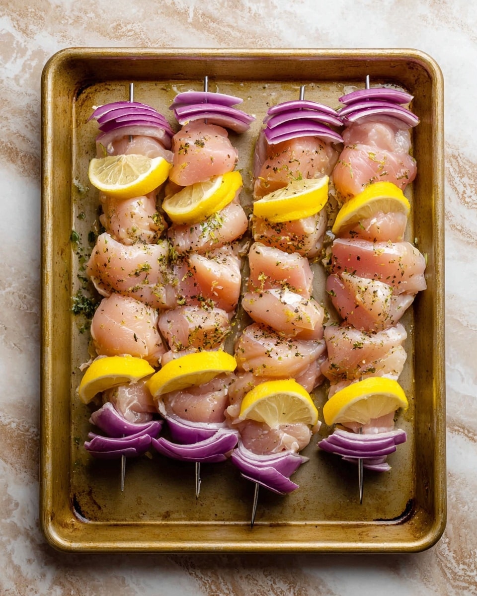 The image shows a metal baking tray on a white marbled surface with three uncooked skewers arranged side by side. Each skewer contains layers of light pink raw chicken pieces, separated by thin, bright yellow lemon slices placed evenly along the skewers. Both ends of the skewers are finished with purple onion layers, made of 3 or 4 thick wedge-shaped pieces. The chicken is lightly seasoned with visible black and green herbs sprinkled over it. The overall look is fresh and ready for cooking. photo taken with an iphone --ar 4:5 --v 7