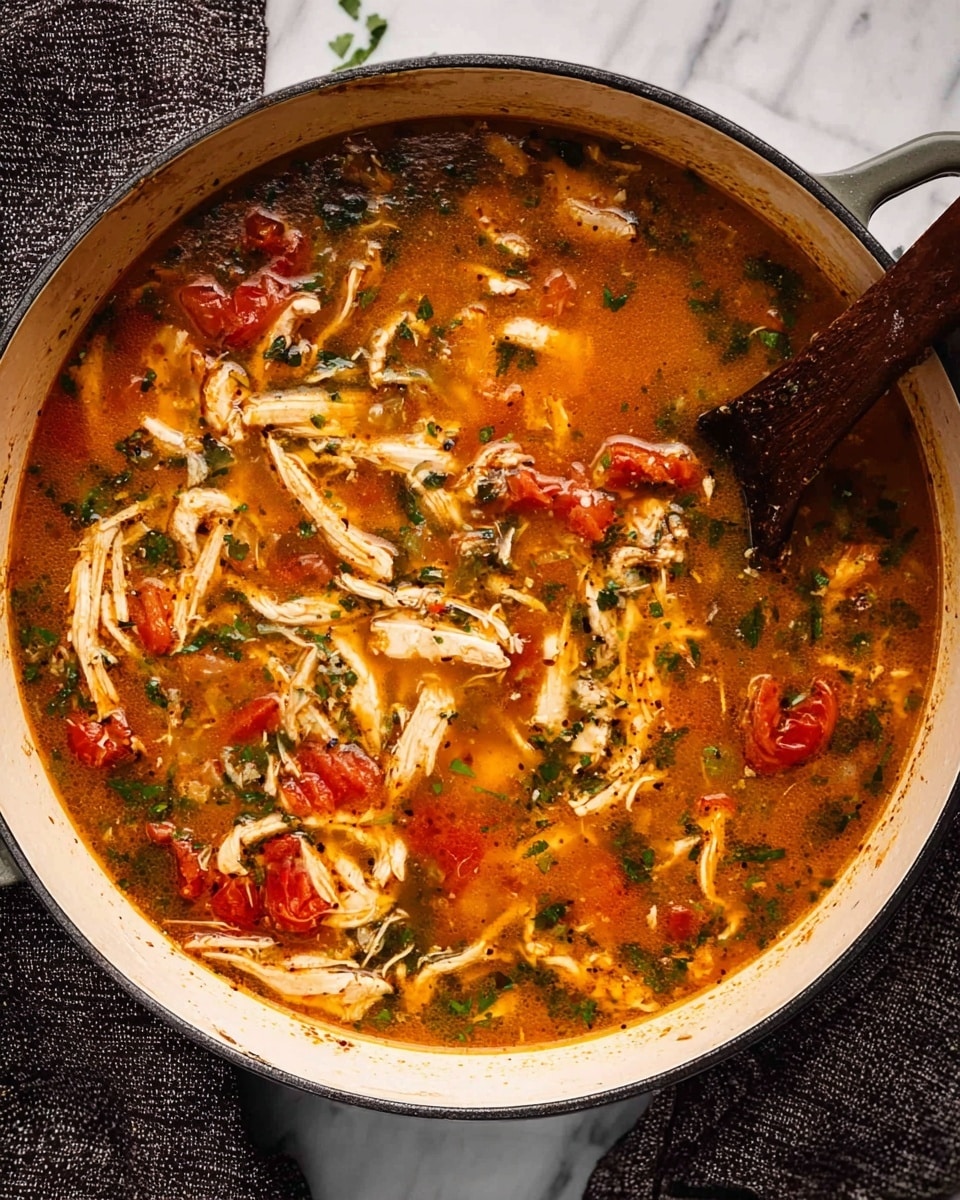 The image shows a round white pot filled with a colorful stew. The stew has several layers, with shredded light brown chicken pieces scattered throughout. Bright red tomato chunks, translucent cooked onions, and finely chopped green herbs float evenly in an orange-brown broth that looks rich and slightly oily. A dark wooden handle spoon rests partially inside the pot, visible on the right side. The pot sits on a white marbled surface, and there is a dark textured cloth draped near the top right corner. Photo taken with an iphone --ar 4:5 --v 7