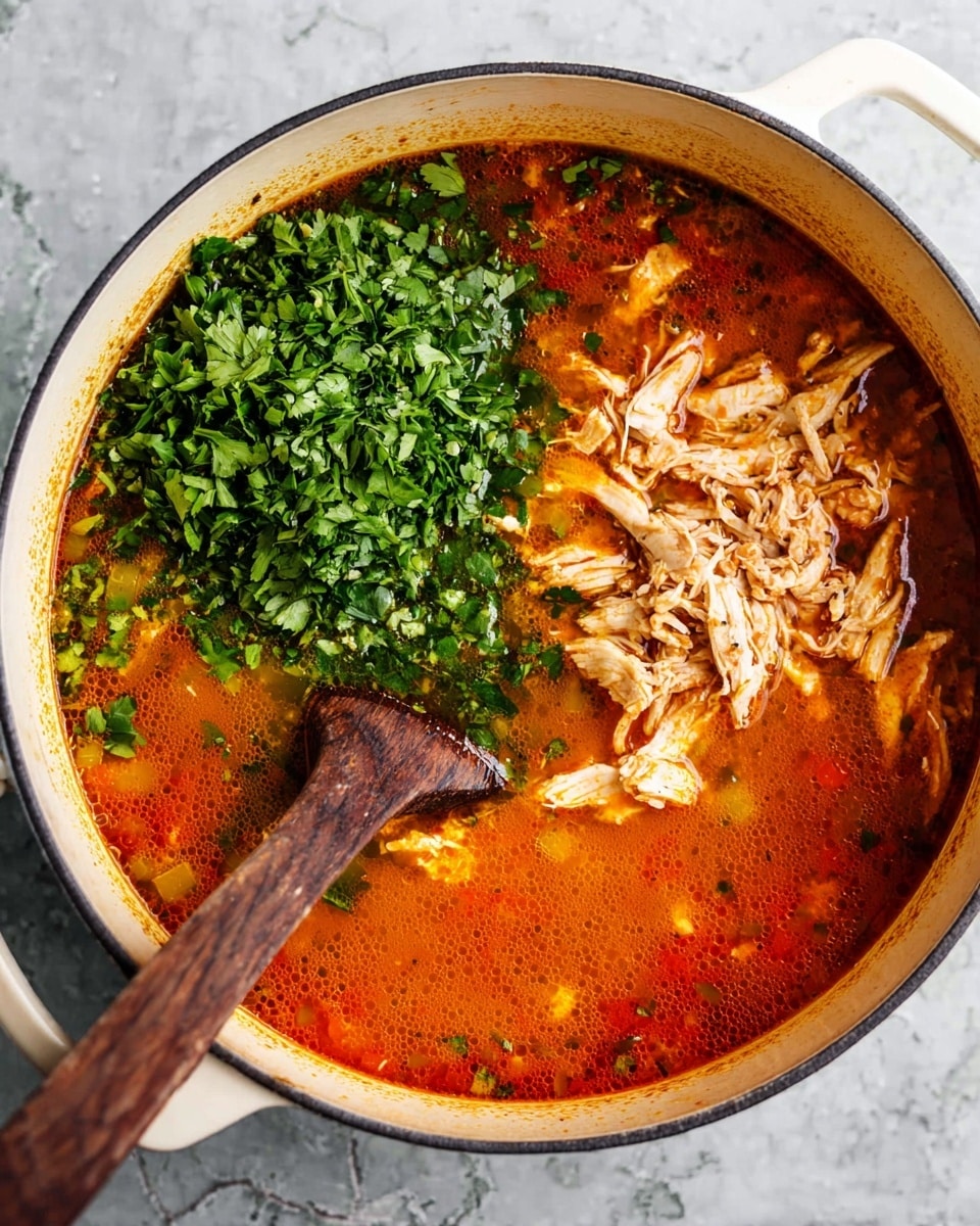 A white pot filled with orange-red soup that has pieces of shredded chicken on top in the middle. To the left of the chicken, there is a large heap of chopped green herbs. A wooden spoon with a dark brown handle is inside the pot leaning towards the left side. The pot is on a surface with white marbled texture. photo taken with an iphone --ar 4:5 --v 7