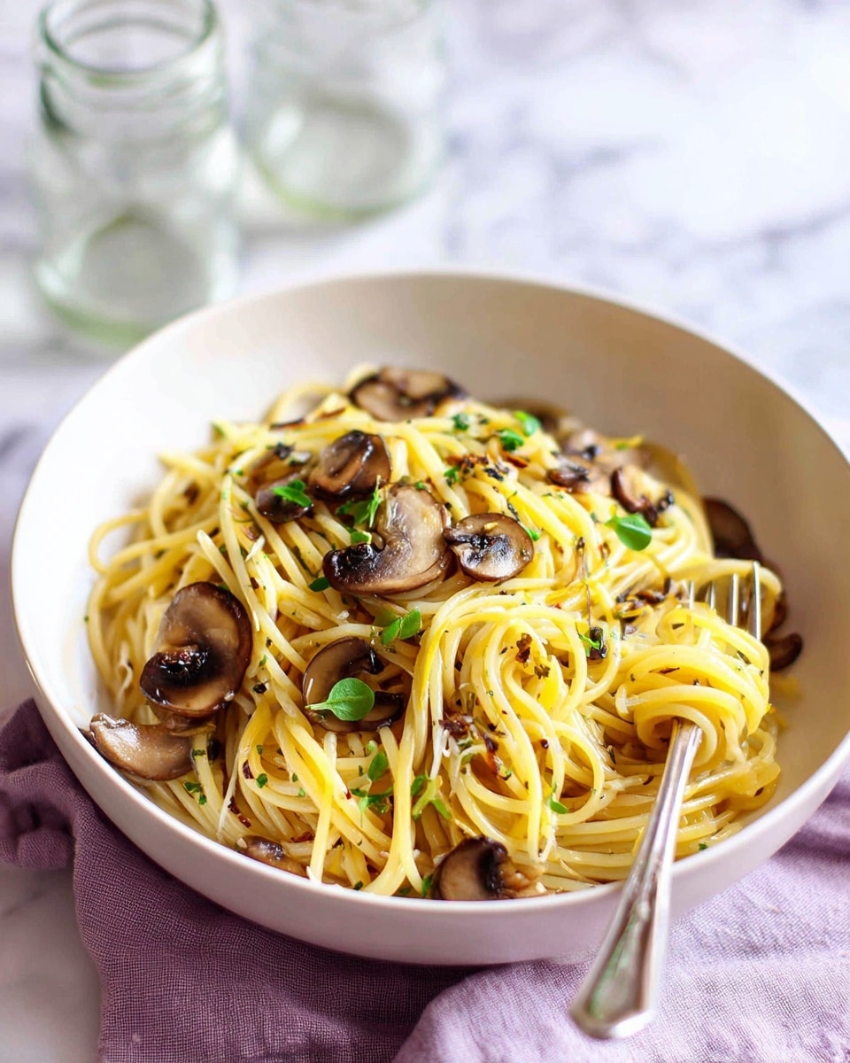 A white bowl filled with long, pale yellow spaghetti noodles mixed with thin, dark brown mushroom slices and small green herb leaves scattered throughout. A silver fork is twisted with some spaghetti on the right side of the bowl. The bowl sits on a soft lavender cloth against a background of white marbled surface, with blurred glass containers in the distance. photo taken with an iphone --ar 4:5 --v 7