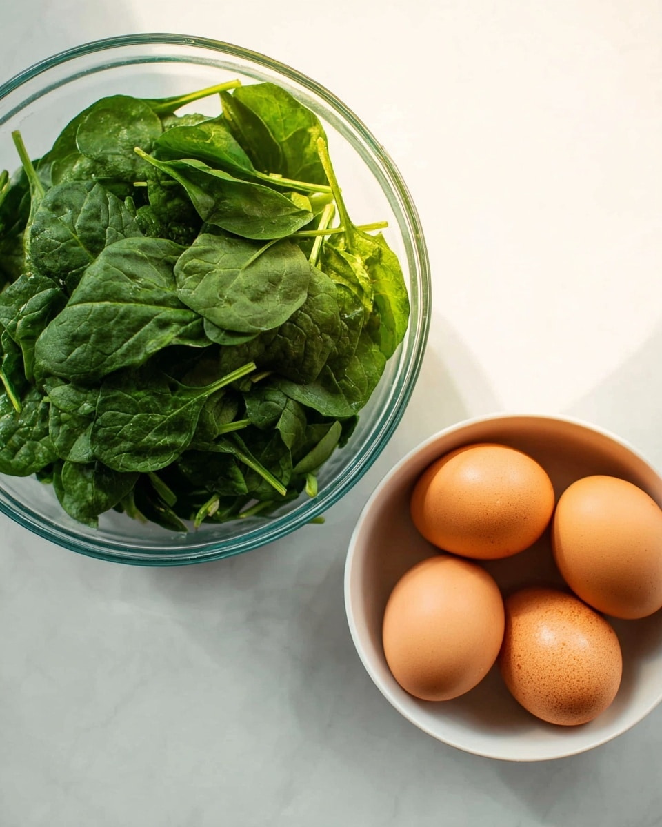 A clear glass bowl filled with fresh dark green spinach leaves showing their veins and stems is placed on the left, next to a white bowl containing four smooth brown eggs arranged in a loose cluster. Both bowls sit on a white marbled surface with soft lighting highlighting the natural textures and colors of the spinach and eggs. Photo taken with an iphone --ar 4:5 --v 7