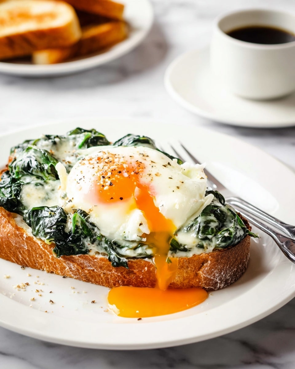 A white plate on a white marbled surface holds a thick slice of toasted bread as the base, topped with a creamy spinach sauce that is dark green and glossy. On top of the spinach is a fried egg with a bright orange yolk that is breaking and flowing down the side. The edges of the bread are golden brown and crisp. There is a silver fork resting on the plate near the bottom right corner. In the background, a white cup of black coffee and another white plate with toasted bread slices are blurred but visible. Photo taken with an iphone --ar 4:5 --v 7