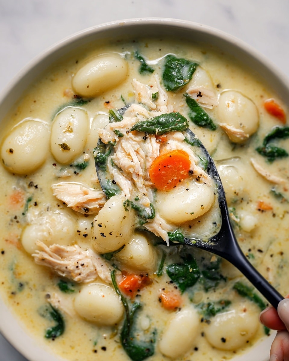 The image shows a close-up view of a creamy soup with visible layers inside a white bowl on a white marbled surface. The dish includes soft, plump gnocchi pieces that are white with a smooth texture scattered throughout the soup. Alongside the gnocchi, there are shredded pieces of light brown chicken and small chunks of orange carrot, along with dark green spinach leaves adding color contrast. The soup's creamy base is pale yellow with a thick, smooth texture and tiny black specks of cracked pepper sprinkled evenly, giving a fresh appearance. A black spoon is lifting a portion of the soup, showing the mixture of all ingredients together in a rich, creamy liquid. The spoon is held gently by a woman's hand. Photo taken with an iphone --ar 4:5 --v 7